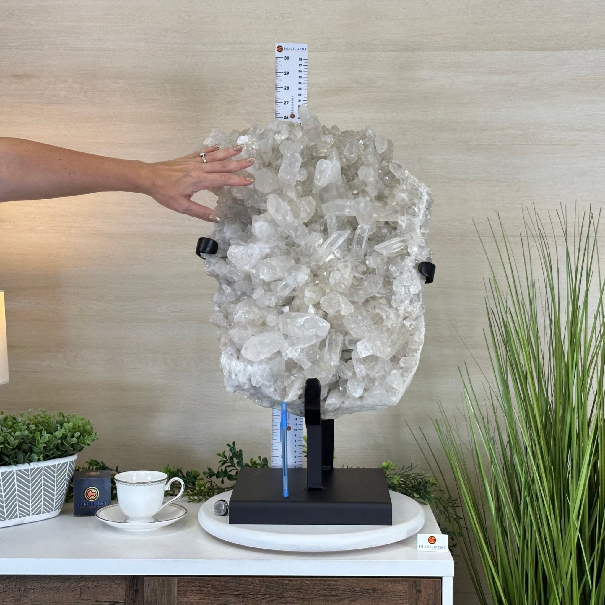 Super Quality Clear Quartz Cluster, Metal Stand, 84.5 lbs & 26.7" Tall 5495 - 0103 - Brazil GemsBrazil GemsSuper Quality Clear Quartz Cluster, Metal Stand, 84.5 lbs & 26.7" Tall 5495 - 0103Clusters on Fixed Bases5495 - 0103