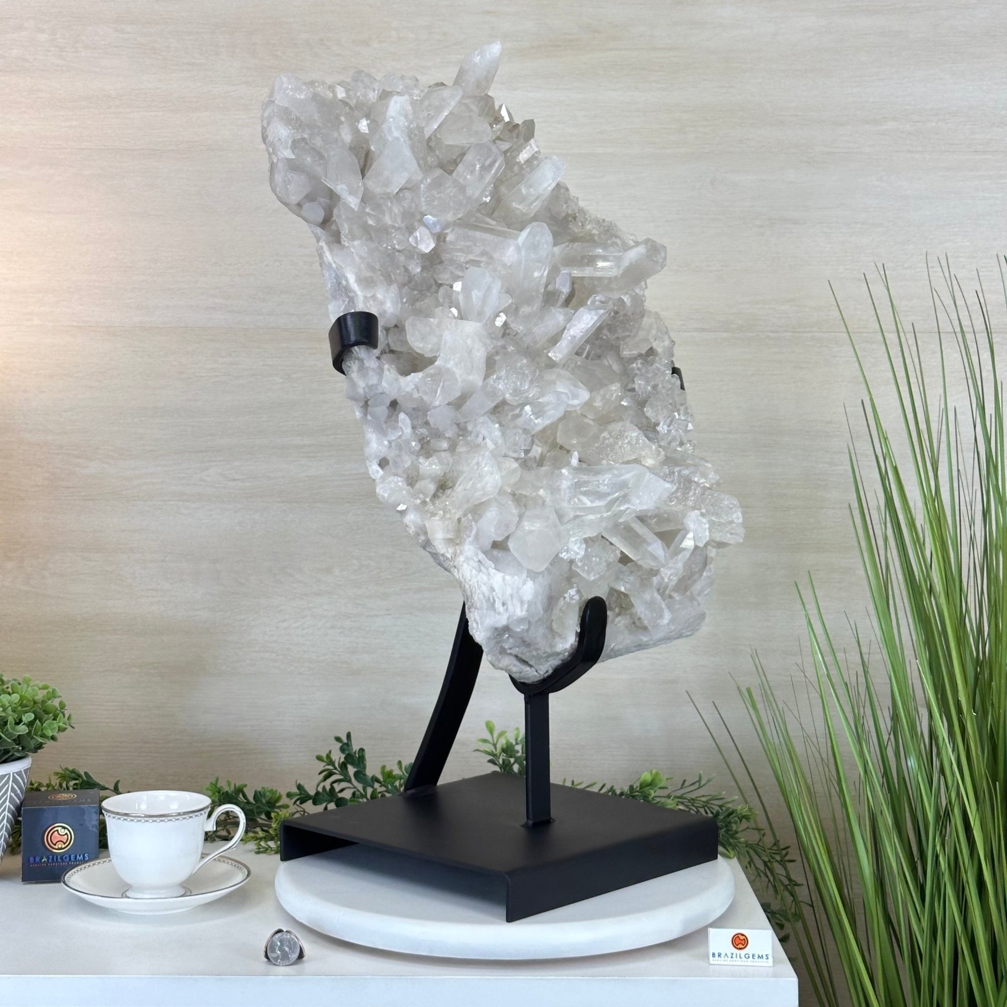 Super Quality Clear Quartz Cluster, Metal Stand, 84.5 lbs & 26.7" Tall 5495 - 0103 - Brazil GemsBrazil GemsSuper Quality Clear Quartz Cluster, Metal Stand, 84.5 lbs & 26.7" Tall 5495 - 0103Clusters on Fixed Bases5495 - 0103