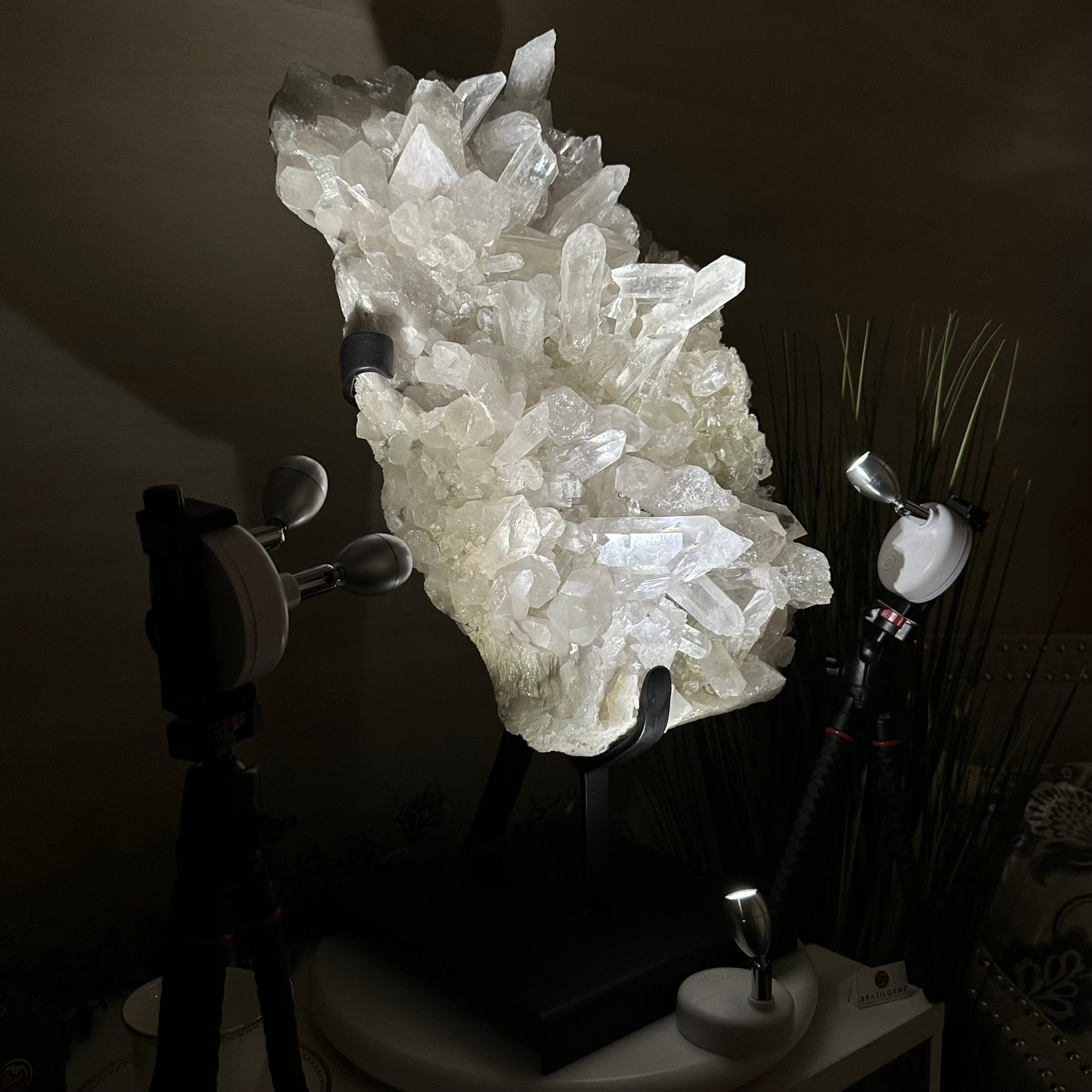 Super Quality Clear Quartz Cluster, Metal Stand, 84.5 lbs & 26.7" Tall 5495 - 0103 - Brazil GemsBrazil GemsSuper Quality Clear Quartz Cluster, Metal Stand, 84.5 lbs & 26.7" Tall 5495 - 0103Clusters on Fixed Bases5495 - 0103