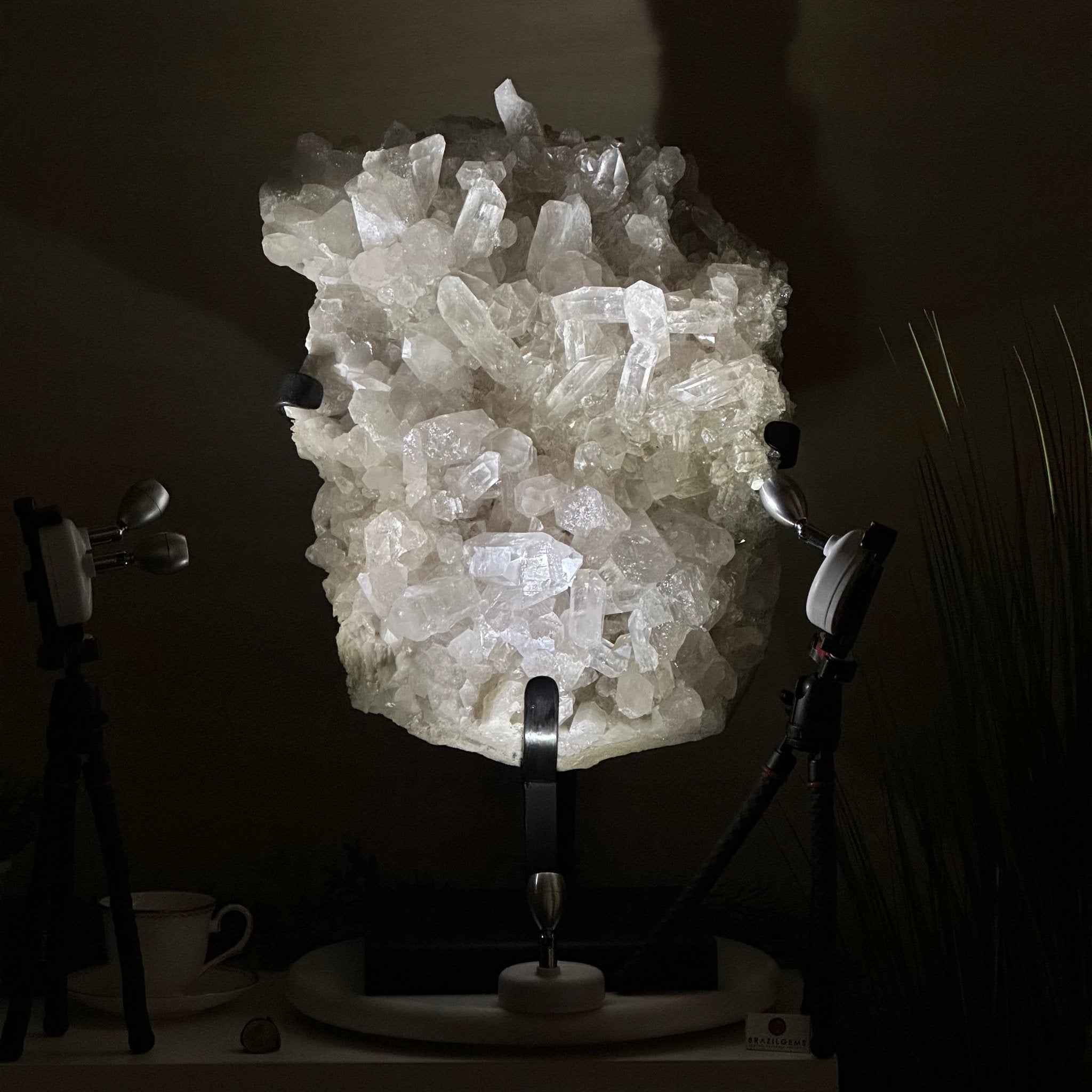 Super Quality Clear Quartz Cluster, Metal Stand, 84.5 lbs & 26.7" Tall 5495 - 0103 - Brazil GemsBrazil GemsSuper Quality Clear Quartz Cluster, Metal Stand, 84.5 lbs & 26.7" Tall 5495 - 0103Clusters on Fixed Bases5495 - 0103