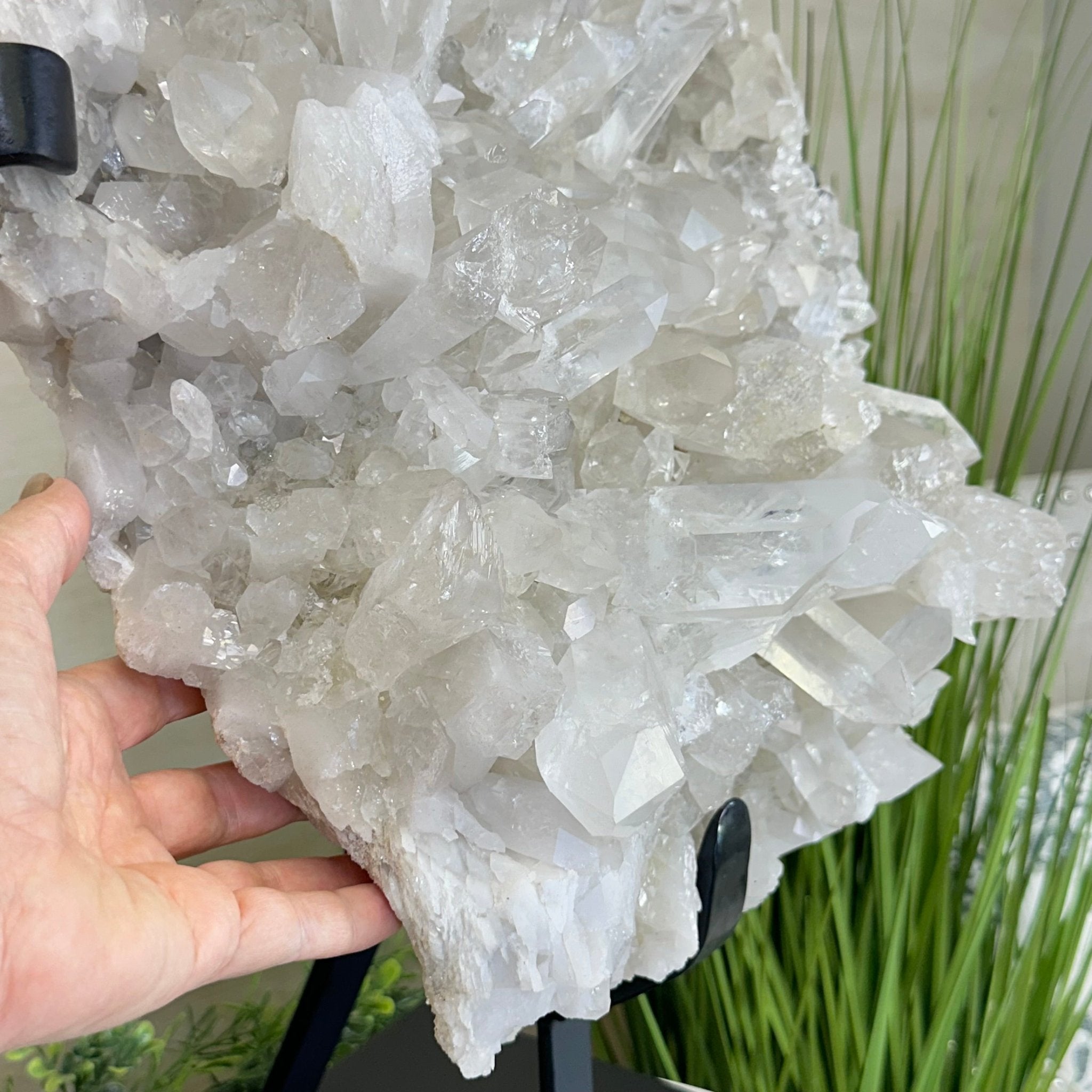 Super Quality Clear Quartz Cluster, Metal Stand, 84.5 lbs & 26.7" Tall 5495 - 0103 - Brazil GemsBrazil GemsSuper Quality Clear Quartz Cluster, Metal Stand, 84.5 lbs & 26.7" Tall 5495 - 0103Clusters on Fixed Bases5495 - 0103