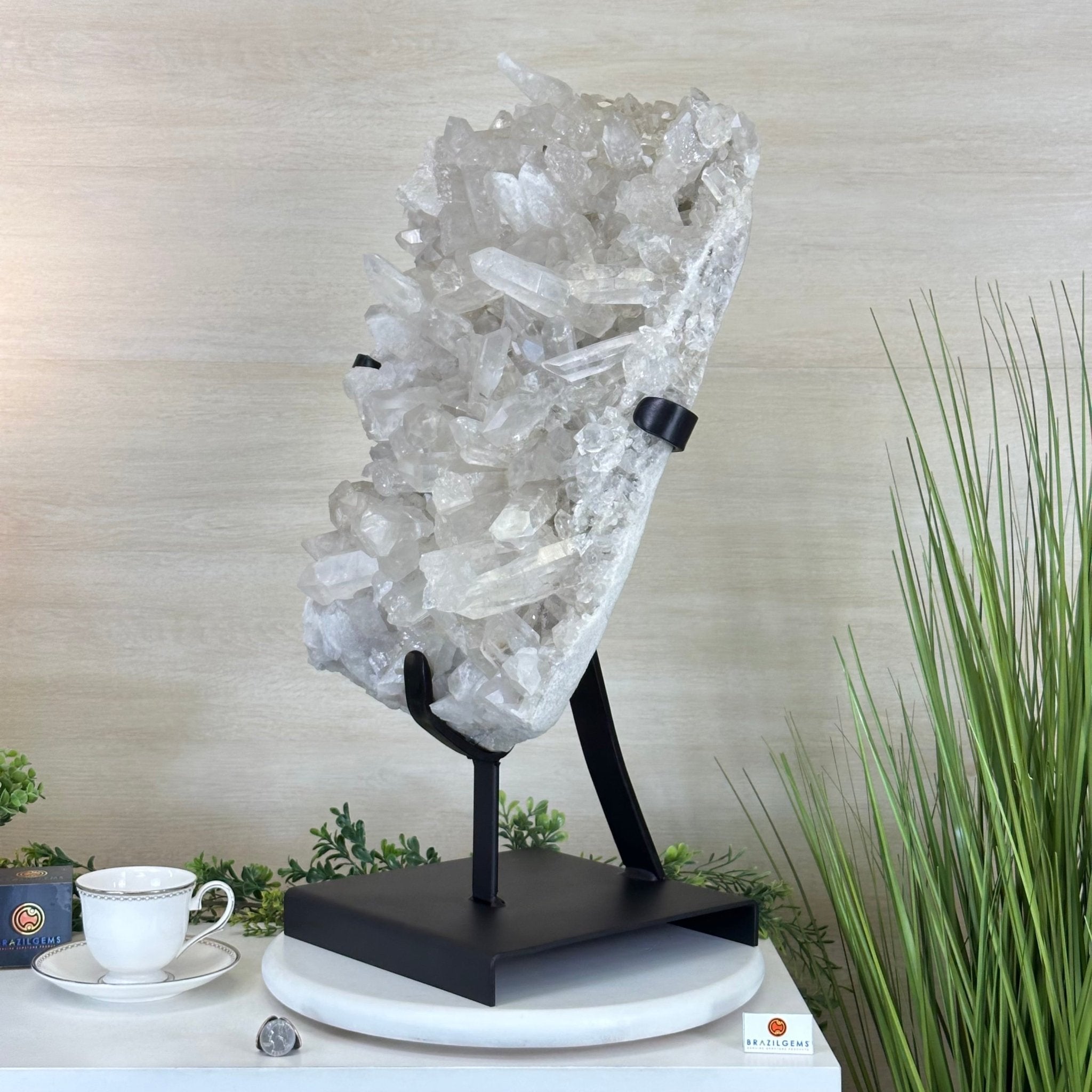 Super Quality Clear Quartz Cluster, Metal Stand, 84.5 lbs & 26.7" Tall 5495 - 0103 - Brazil GemsBrazil GemsSuper Quality Clear Quartz Cluster, Metal Stand, 84.5 lbs & 26.7" Tall 5495 - 0103Clusters on Fixed Bases5495 - 0103