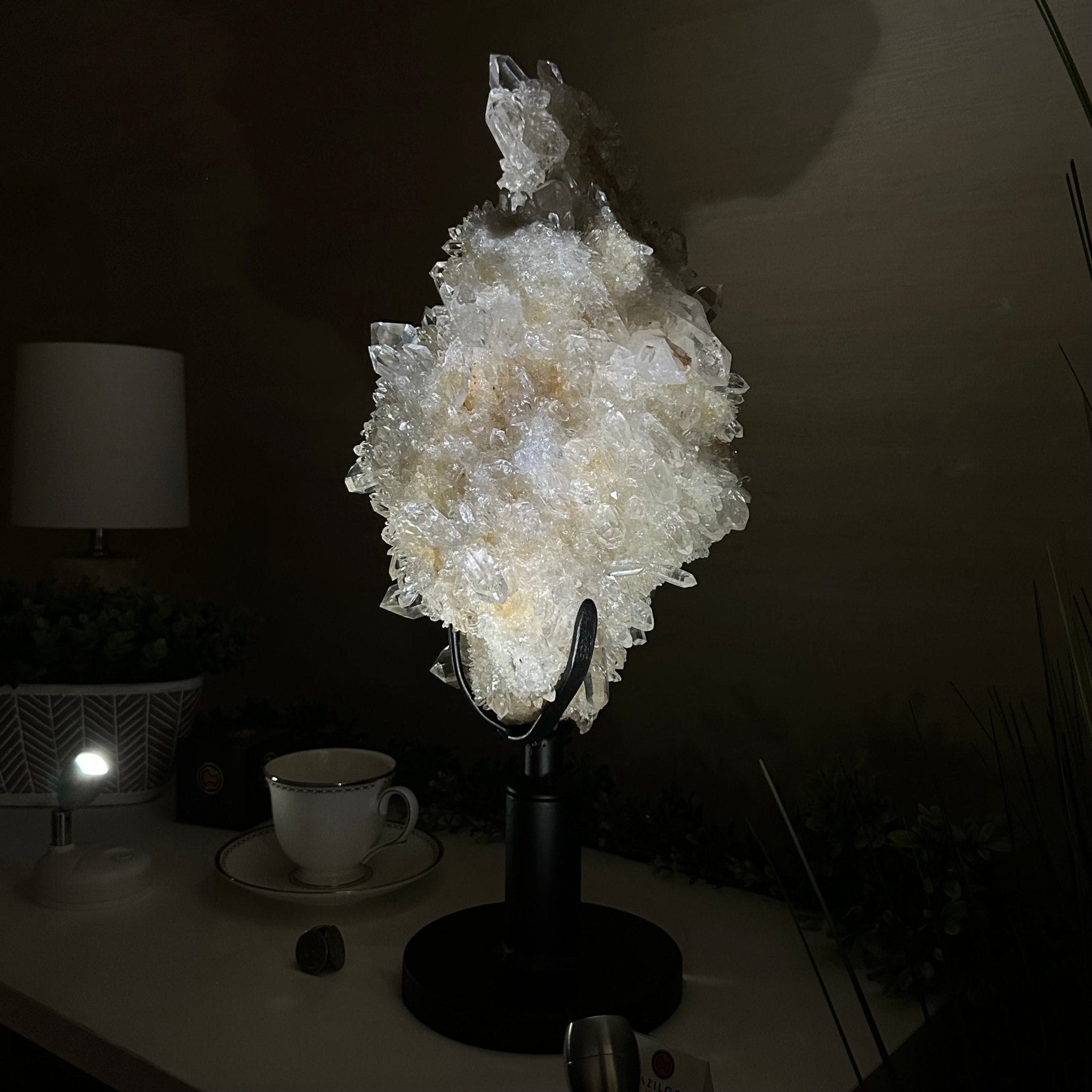 Super Quality Clear Quartz Cluster on a Rotating Metal Base, 26.5 lbs & 20.1" Tall 5495R - 005 - Brazil GemsBrazil GemsSuper Quality Clear Quartz Cluster on a Rotating Metal Base, 26.5 lbs & 20.1" Tall 5495R - 005Clusters on Rotating Bases5495R - 005