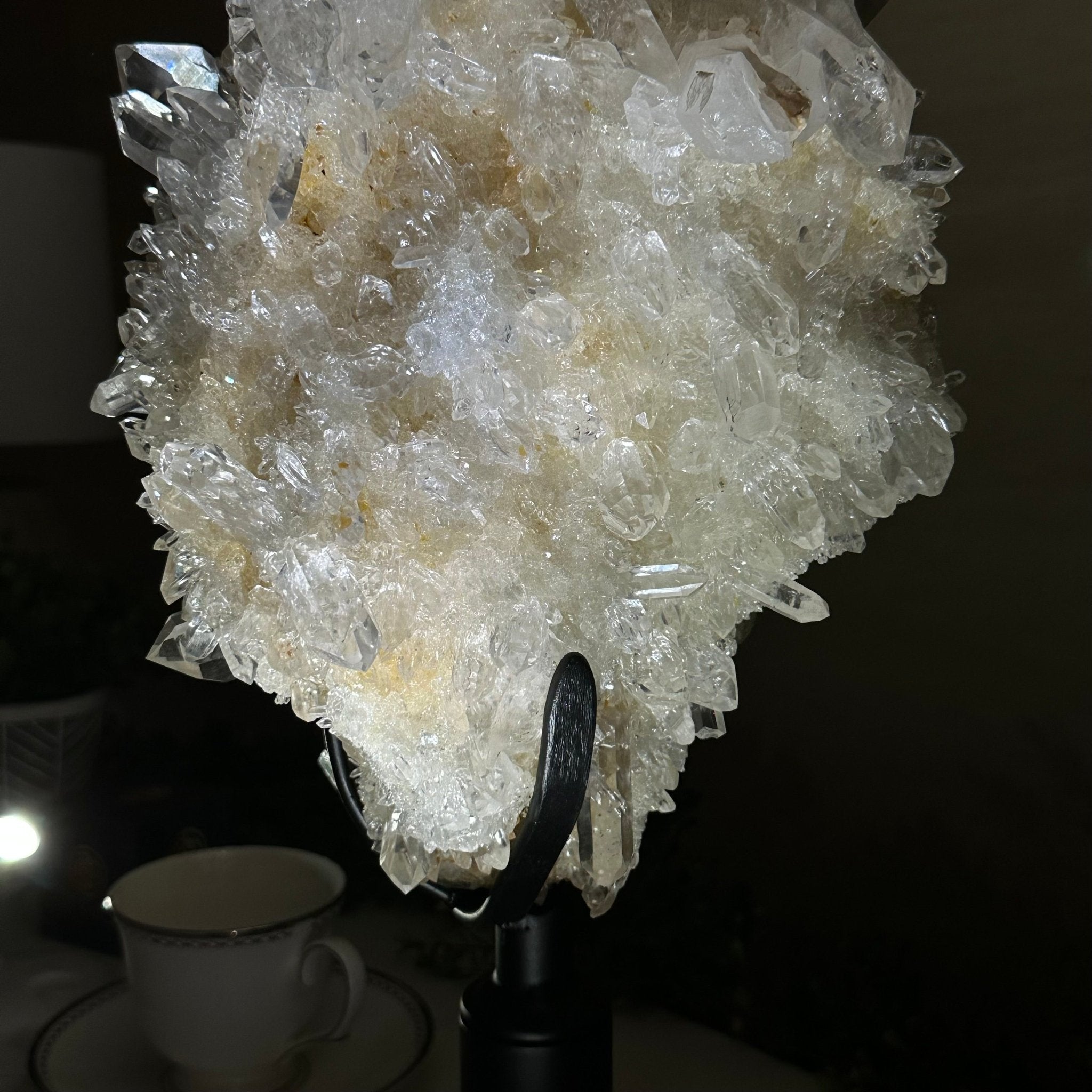 Super Quality Clear Quartz Cluster on a Rotating Metal Base, 26.5 lbs & 20.1" Tall 5495R - 005 - Brazil GemsBrazil GemsSuper Quality Clear Quartz Cluster on a Rotating Metal Base, 26.5 lbs & 20.1" Tall 5495R - 005Clusters on Rotating Bases5495R - 005