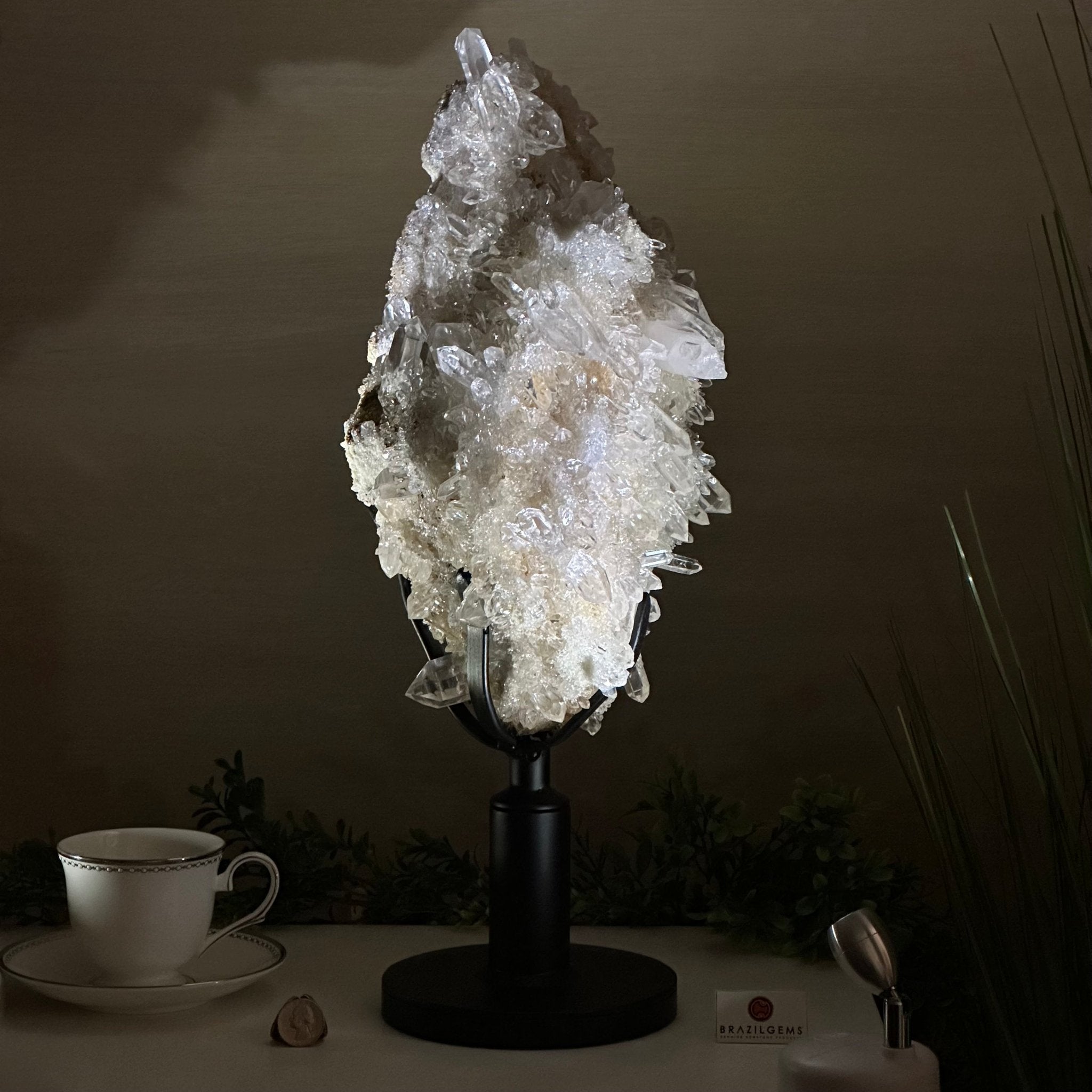 Super Quality Clear Quartz Cluster on a Rotating Metal Base, 26.5 lbs & 20.1" Tall 5495R - 005 - Brazil GemsBrazil GemsSuper Quality Clear Quartz Cluster on a Rotating Metal Base, 26.5 lbs & 20.1" Tall 5495R - 005Clusters on Rotating Bases5495R - 005