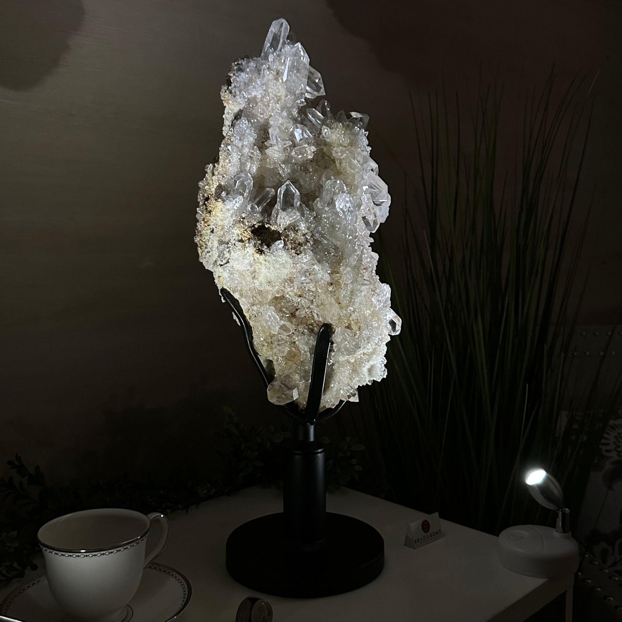 Super Quality Clear Quartz Cluster on a Rotating Metal Base, 26.5 lbs & 20.1" Tall 5495R - 005 - Brazil GemsBrazil GemsSuper Quality Clear Quartz Cluster on a Rotating Metal Base, 26.5 lbs & 20.1" Tall 5495R - 005Clusters on Rotating Bases5495R - 005