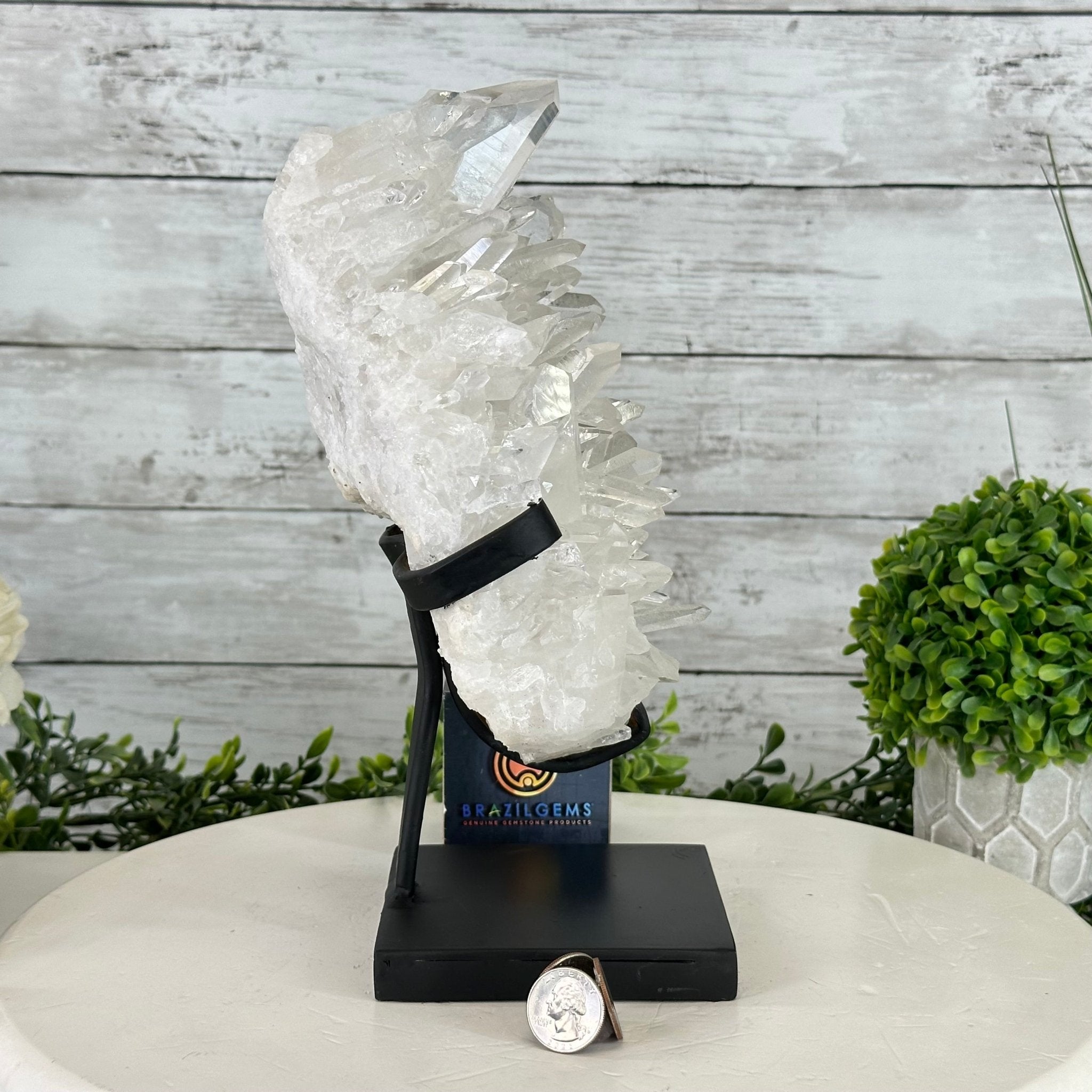 Super Quality Clear Quartz Crystal Cluster, metal base, 8.4 lbs & 11.1" Tall #5495-0077 by Brazil Gems® - Brazil GemsBrazil GemsSuper Quality Clear Quartz Crystal Cluster, metal base, 8.4 lbs & 11.1" Tall #5495-0077 by Brazil Gems®Clusters on Fixed Bases5495-0077