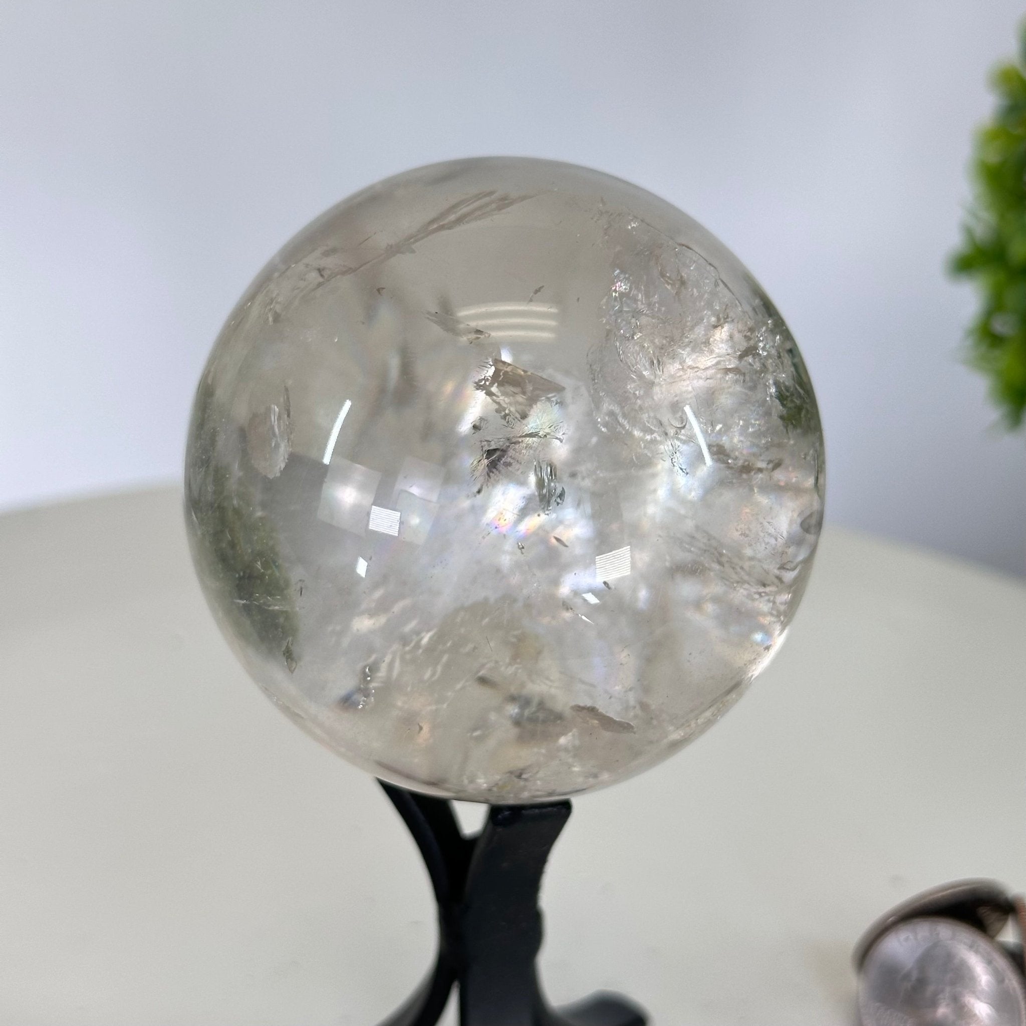 Super Quality Clear Quartz Sphere on a Metal Base, 0.9 lbs & 5.3" Tall #5631 - 0019 - Brazil GemsBrazil GemsSuper Quality Clear Quartz Sphere on a Metal Base, 0.9 lbs & 5.3" Tall #5631 - 0019Spheres5631 - 0019