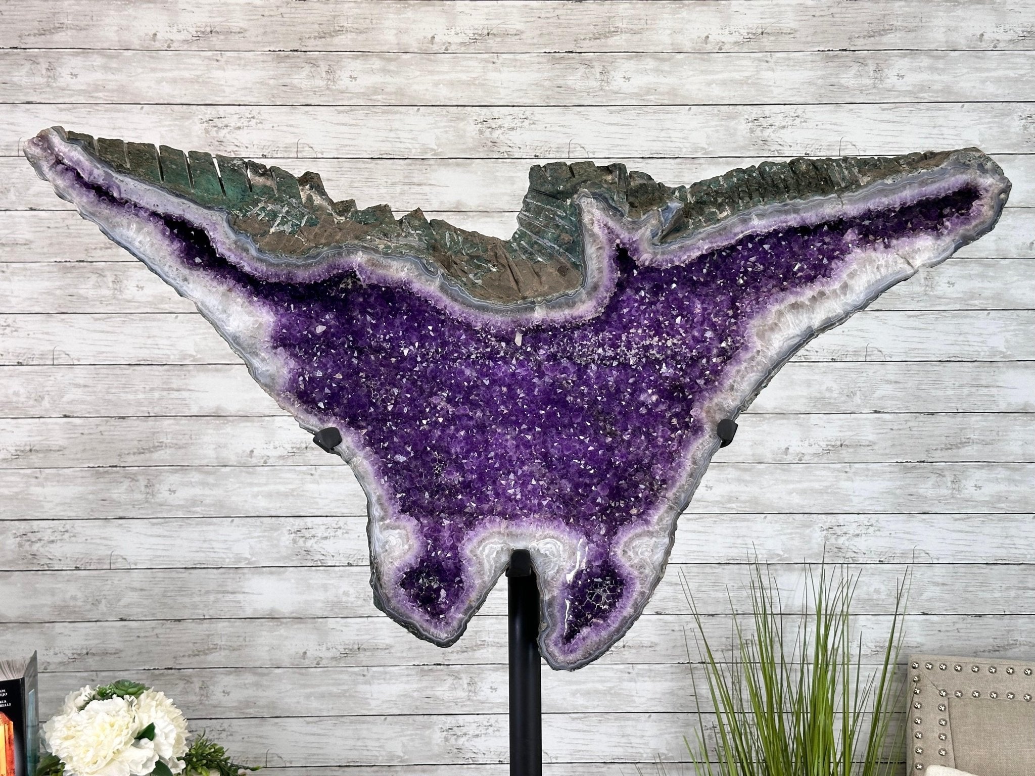 "The Bat" Amethyst Cluster, Metal Base, 163 lbs & 69" Tall #5491-0145 - Brazil GemsBrazil Gems"The Bat" Amethyst Cluster, Metal Base, 163 lbs & 69" Tall #5491-0145Clusters on Fixed Bases5491-0145