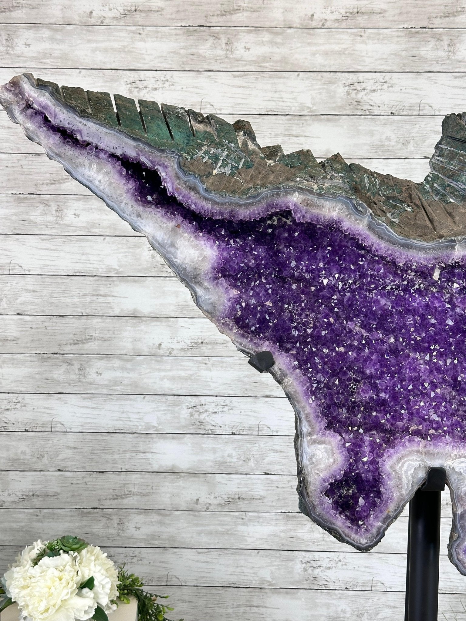 "The Bat" Amethyst Cluster, Metal Base, 163 lbs & 69" Tall #5491-0145 - Brazil GemsBrazil Gems"The Bat" Amethyst Cluster, Metal Base, 163 lbs & 69" Tall #5491-0145Clusters on Fixed Bases5491-0145