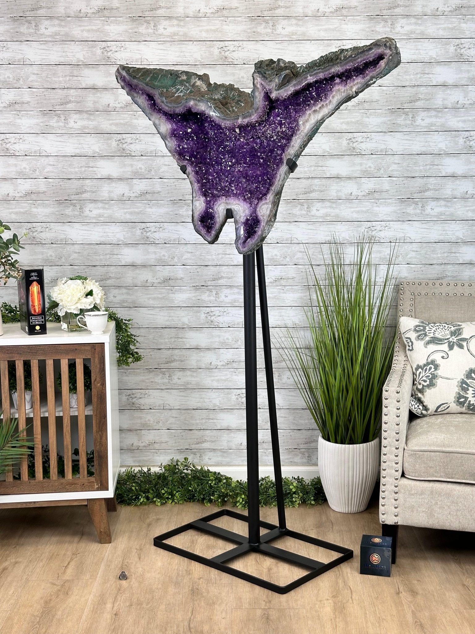 "The Bat" Amethyst Cluster, Metal Base, 163 lbs & 69" Tall #5491-0145 - Brazil GemsBrazil Gems"The Bat" Amethyst Cluster, Metal Base, 163 lbs & 69" Tall #5491-0145Clusters on Fixed Bases5491-0145