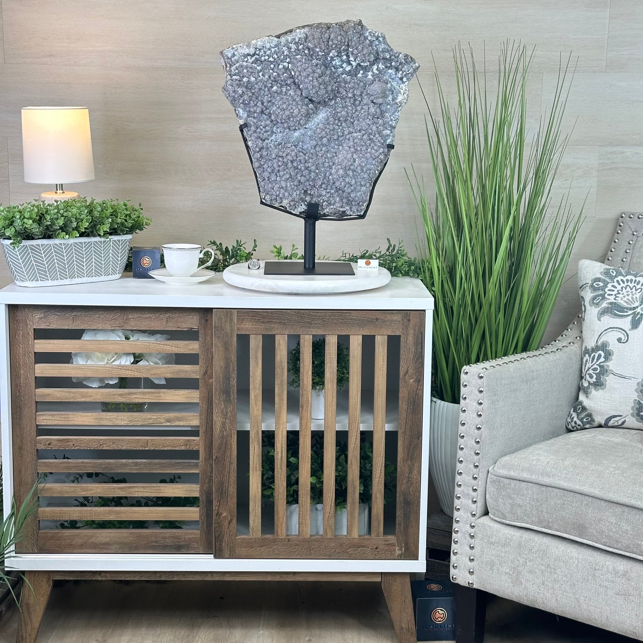 White Amethyst Cluster on a Metal Base, 45.3 lbs & 21.5" Tall, #5491 - 0246 - Brazil GemsBrazil GemsWhite Amethyst Cluster on a Metal Base, 45.3 lbs & 21.5" Tall, #5491 - 0246Clusters on Fixed Bases5491 - 0246