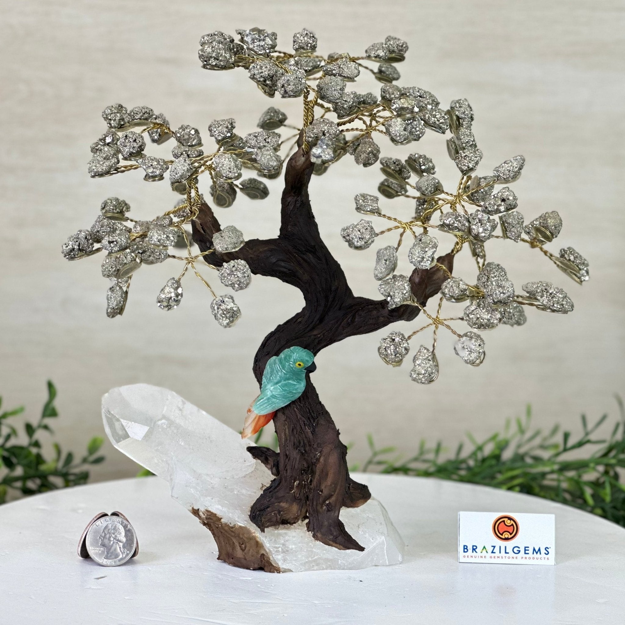 10" Tall Handmade Pyrite Gemstone Tree, Clear Quartz Base with a Crystal Bird #6403PYCQ - 001 - Brazil GemsBrazil Gems10" Tall Handmade Pyrite Gemstone Tree, Clear Quartz Base with a Crystal Bird #6403PYCQ - 001Gemstone Trees6403PYCQ - 001