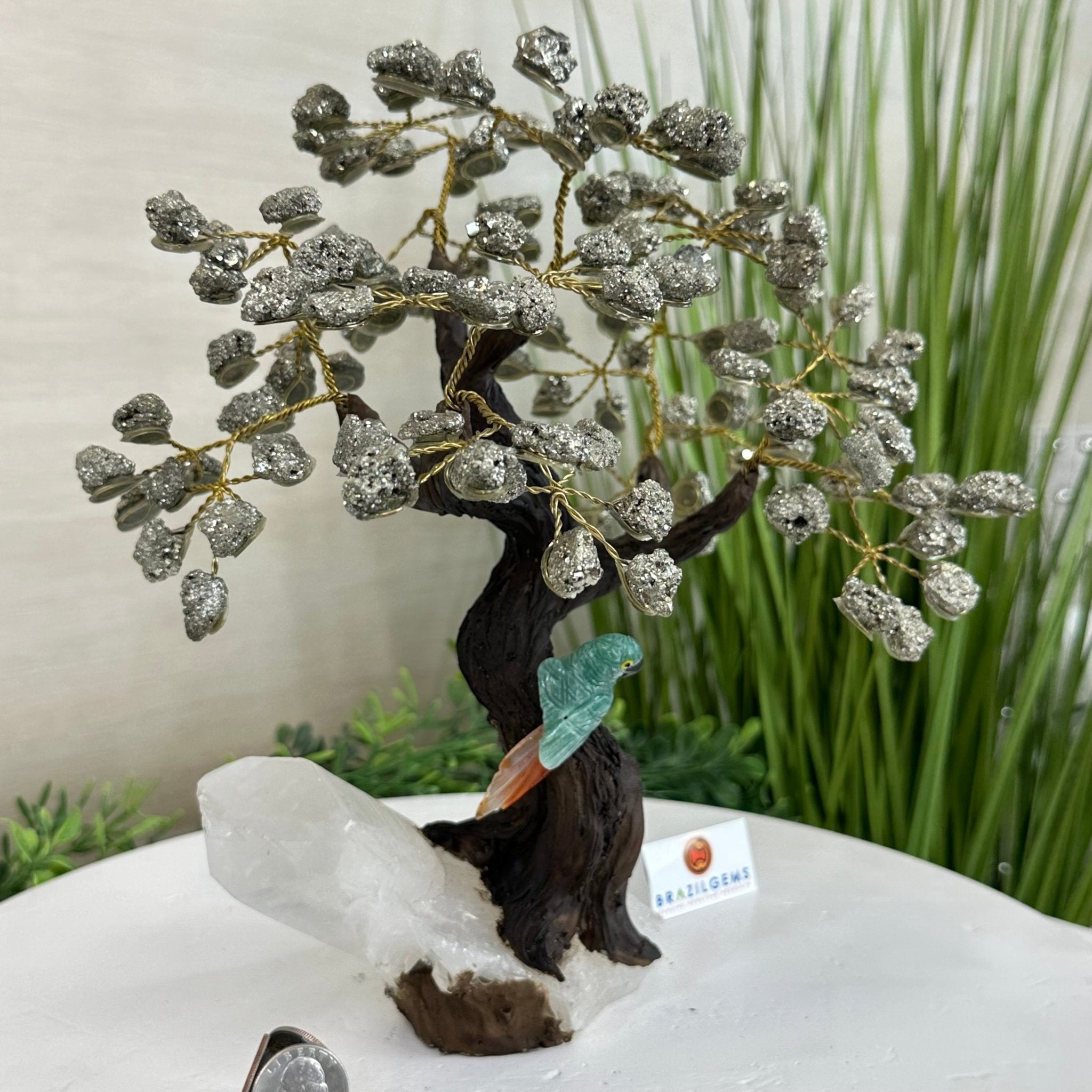 10" Tall Handmade Pyrite Gemstone Tree, Clear Quartz Base with a Crystal Bird #6403PYCQ - 001 - Brazil GemsBrazil Gems10" Tall Handmade Pyrite Gemstone Tree, Clear Quartz Base with a Crystal Bird #6403PYCQ - 001Gemstone Trees6403PYCQ - 001