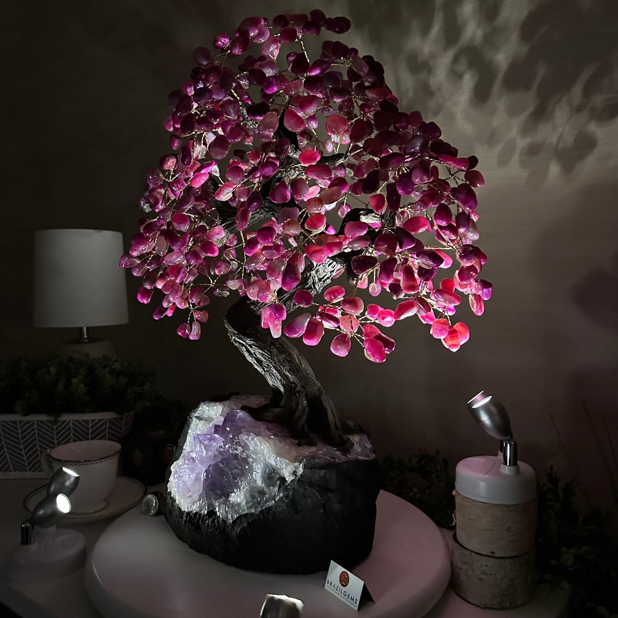 22.5" Tall Pink Agate Gemstone Tree on an Amethyst base, 540 gems #5406PA - 005 - Brazil GemsBrazil Gems22.5" Tall Pink Agate Gemstone Tree on an Amethyst base, 540 gems #5406PA - 005Gemstone Trees5406PA - 005