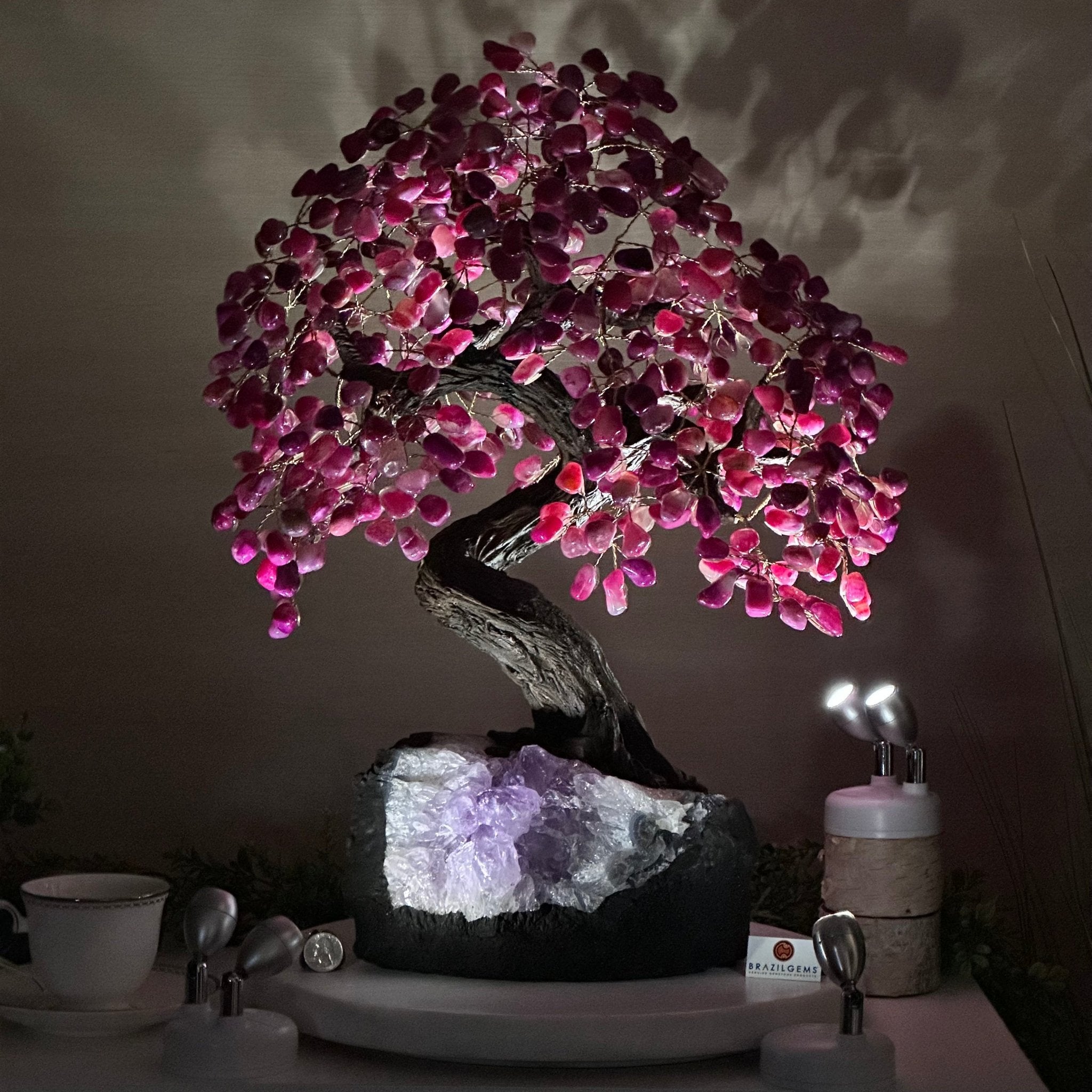 22.5" Tall Pink Agate Gemstone Tree on an Amethyst base, 540 gems #5406PA - 005 - Brazil GemsBrazil Gems22.5" Tall Pink Agate Gemstone Tree on an Amethyst base, 540 gems #5406PA - 005Gemstone Trees5406PA - 005