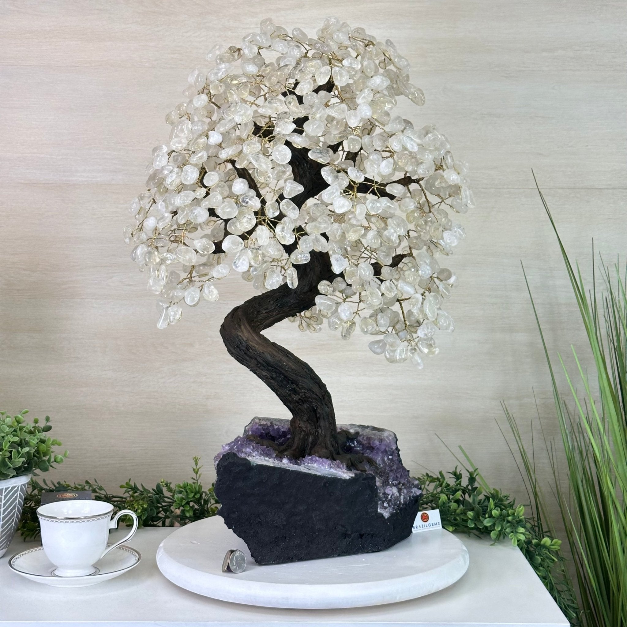 25" Tall Large Clear Quartz Gemstone Tree on an Amethyst Base, 720 gems #5407CQ - 009 - Brazil GemsBrazil Gems25" Tall Large Clear Quartz Gemstone Tree on an Amethyst Base, 720 gems #5407CQ - 009Gemstone Trees5407CQ - 009