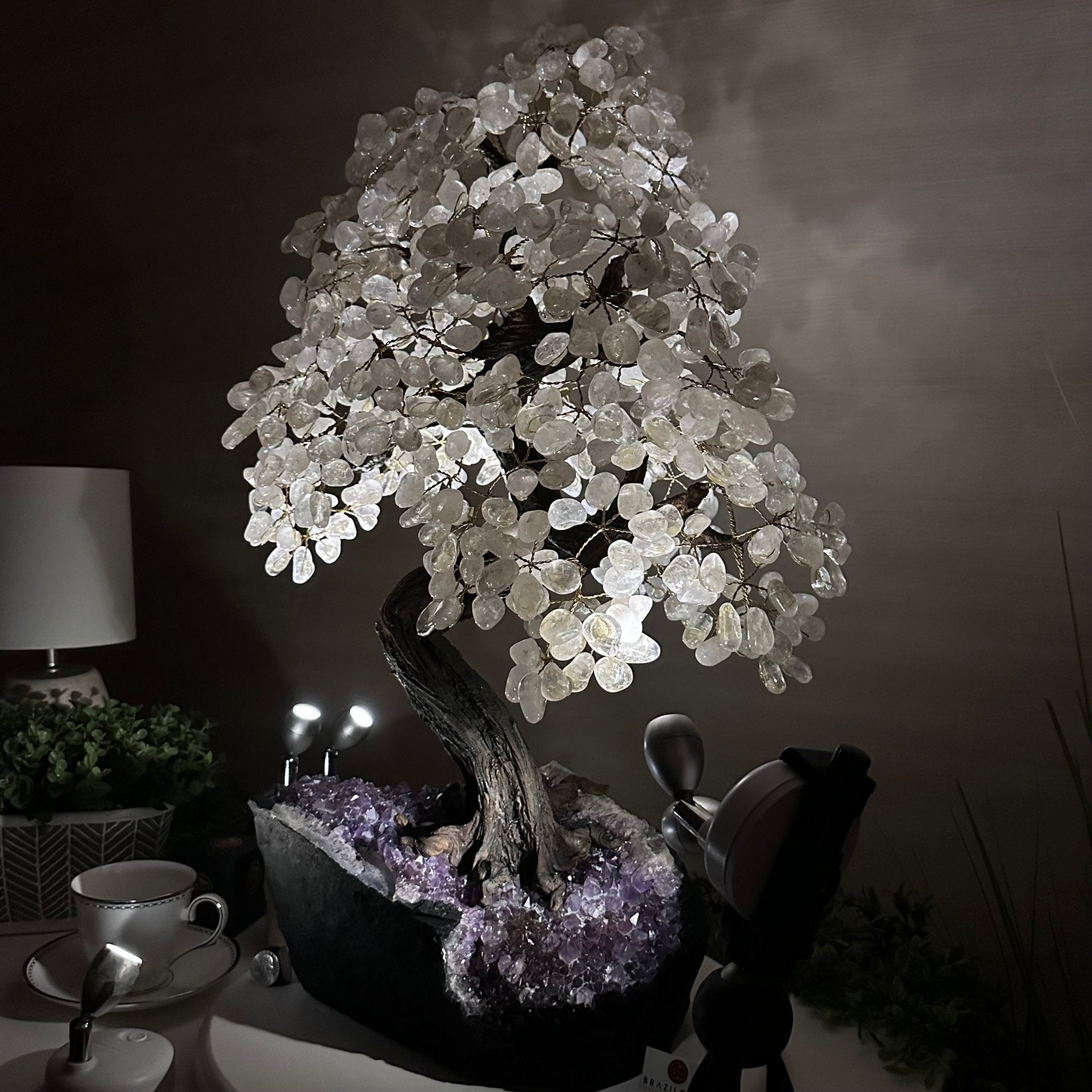 25" Tall Large Clear Quartz Gemstone Tree on an Amethyst Base, 720 gems #5407CQ - 009 - Brazil GemsBrazil Gems25" Tall Large Clear Quartz Gemstone Tree on an Amethyst Base, 720 gems #5407CQ - 009Gemstone Trees5407CQ - 009