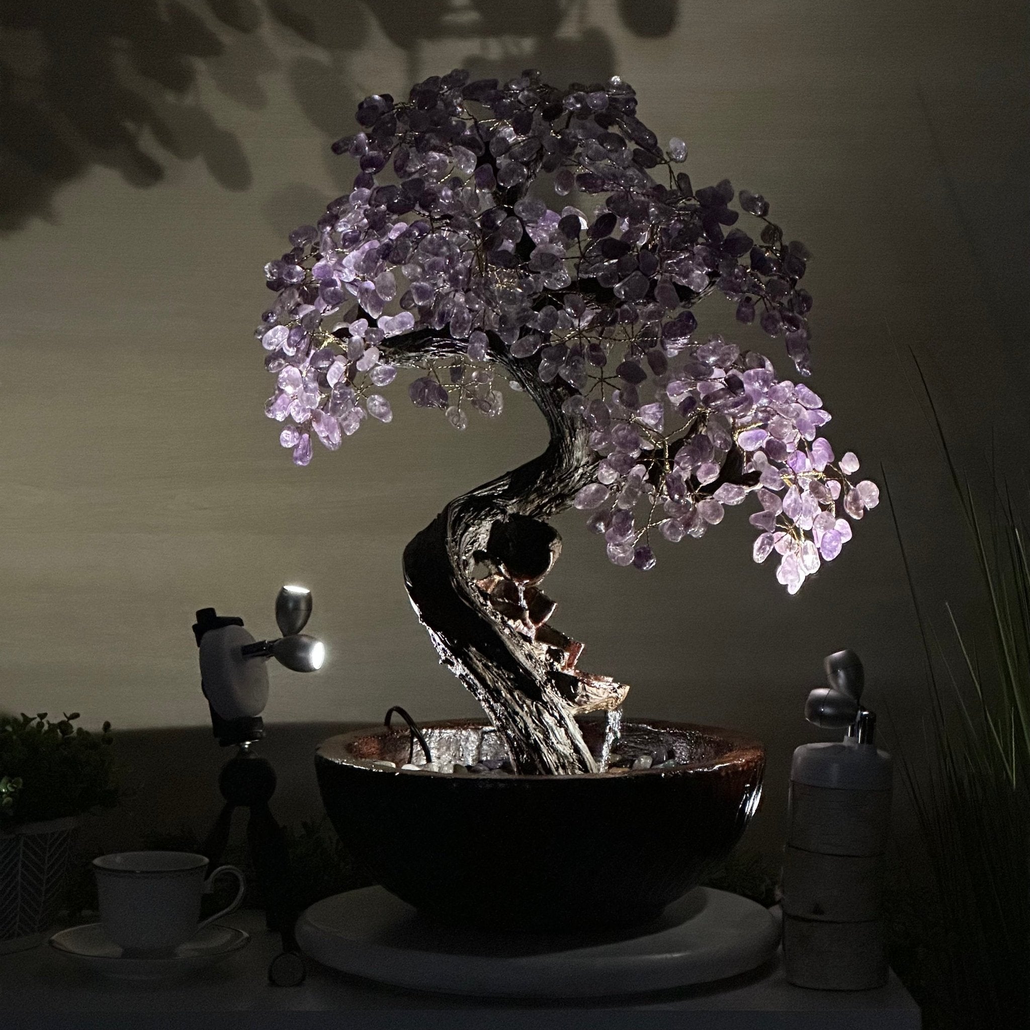 26" Tall Amethyst Gemstone Fountain Tree with Ceramic Bowl, 630 Gem Leaves #5453AMFB - 001 - Brazil GemsBrazil Gems26" Tall Amethyst Gemstone Fountain Tree with Ceramic Bowl, 630 Gem Leaves #5453AMFB - 001Gemstone Trees5453AMFB - 001