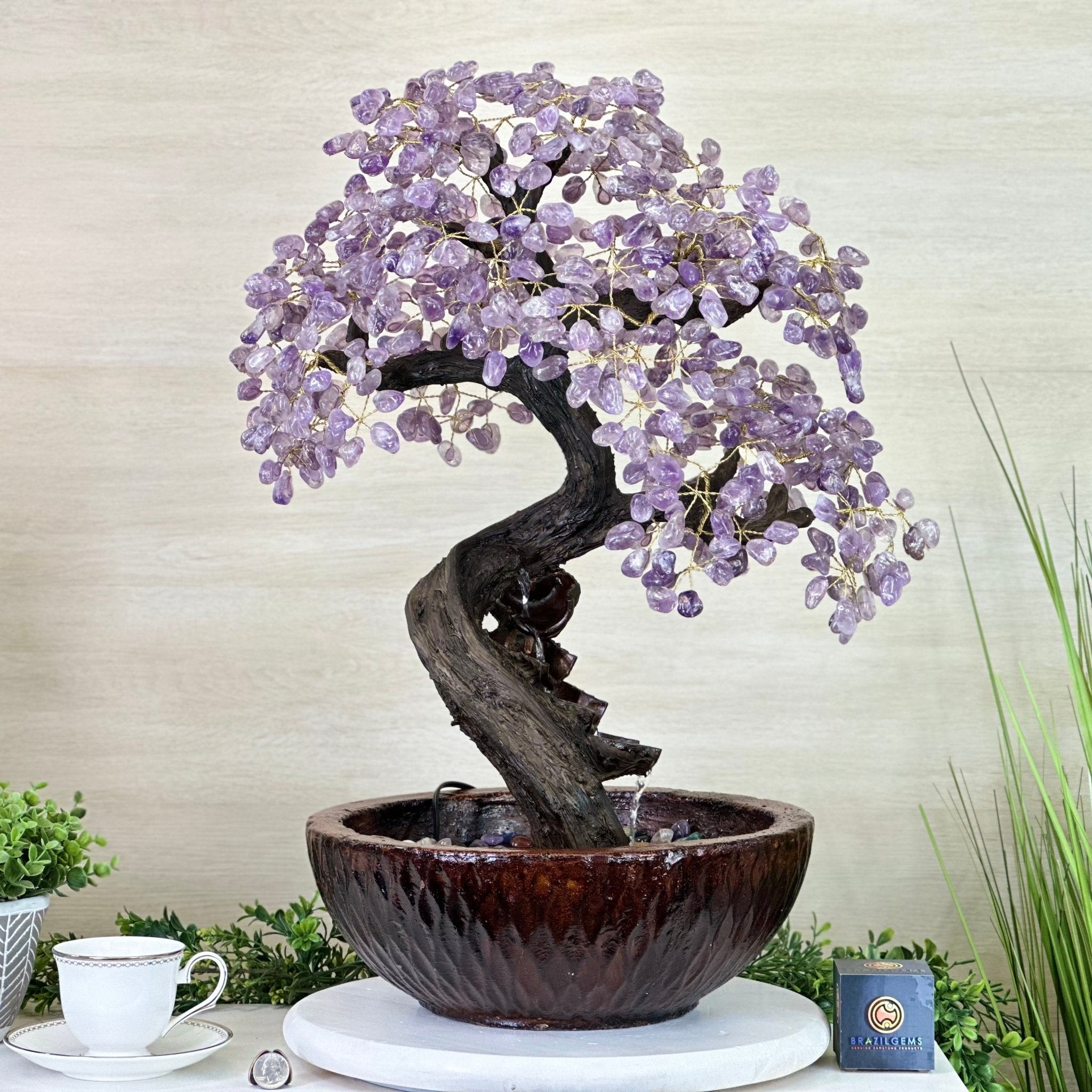 26" Tall Amethyst Gemstone Fountain Tree with Ceramic Bowl, 630 Gem Leaves #5453AMFB - 001 - Brazil GemsBrazil Gems26" Tall Amethyst Gemstone Fountain Tree with Ceramic Bowl, 630 Gem Leaves #5453AMFB - 001Gemstone Trees5453AMFB - 001