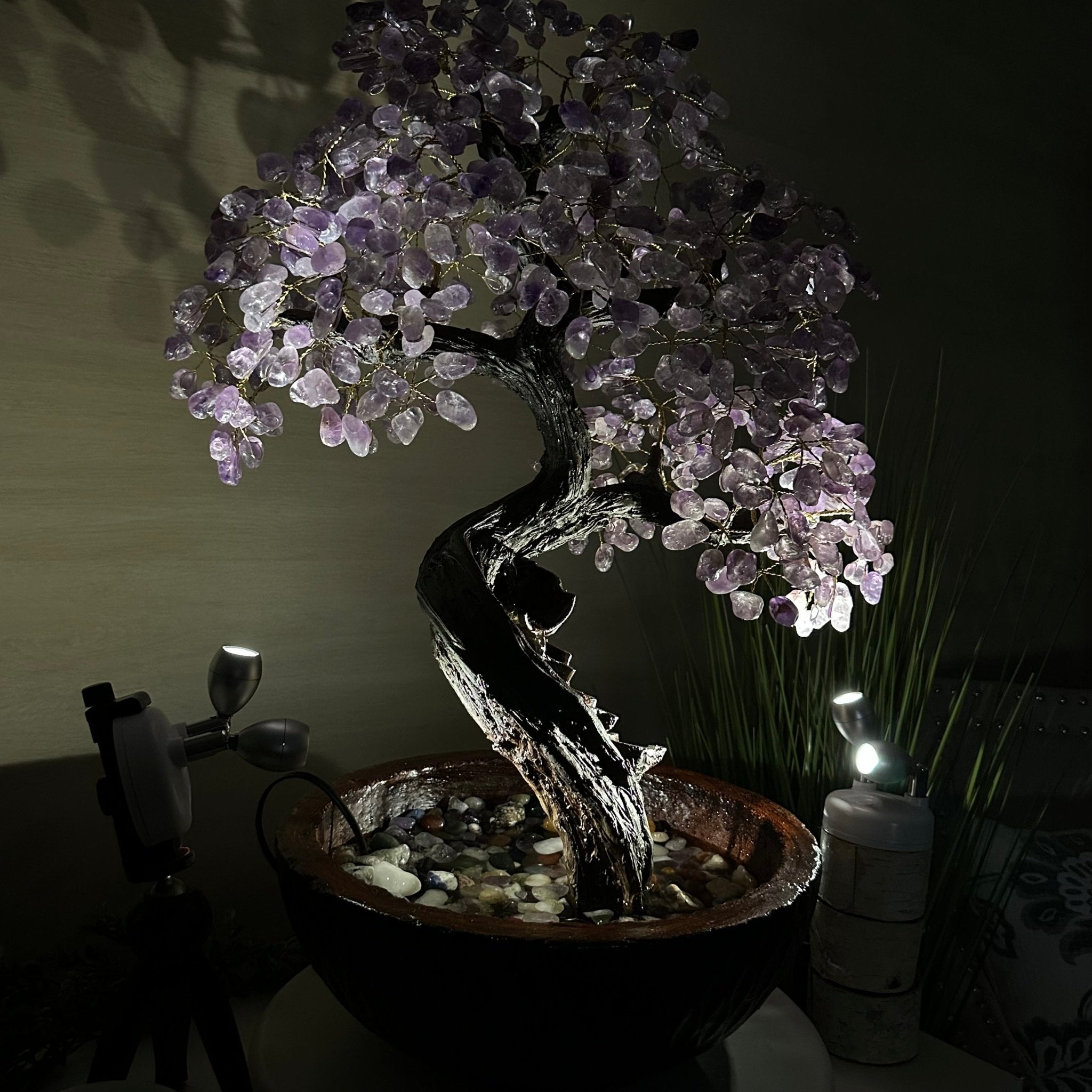 26" Tall Amethyst Gemstone Fountain Tree with Ceramic Bowl, 630 Gem Leaves #5453AMFB - 001 - Brazil GemsBrazil Gems26" Tall Amethyst Gemstone Fountain Tree with Ceramic Bowl, 630 Gem Leaves #5453AMFB - 001Gemstone Trees5453AMFB - 001