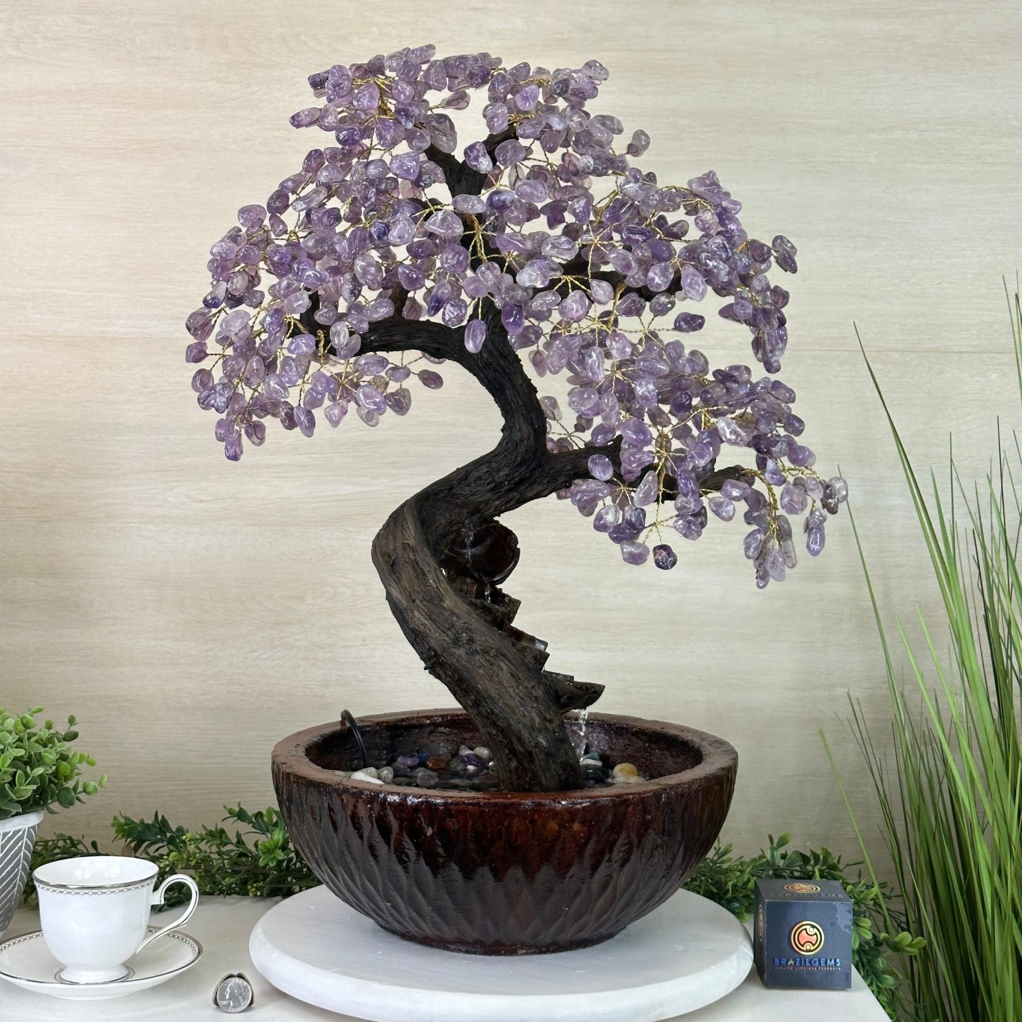 26" Tall Amethyst Gemstone Fountain Tree with Ceramic Bowl, 630 Gem Leaves #5453AMFB - 001 - Brazil GemsBrazil Gems26" Tall Amethyst Gemstone Fountain Tree with Ceramic Bowl, 630 Gem Leaves #5453AMFB - 001Gemstone Trees5453AMFB - 001