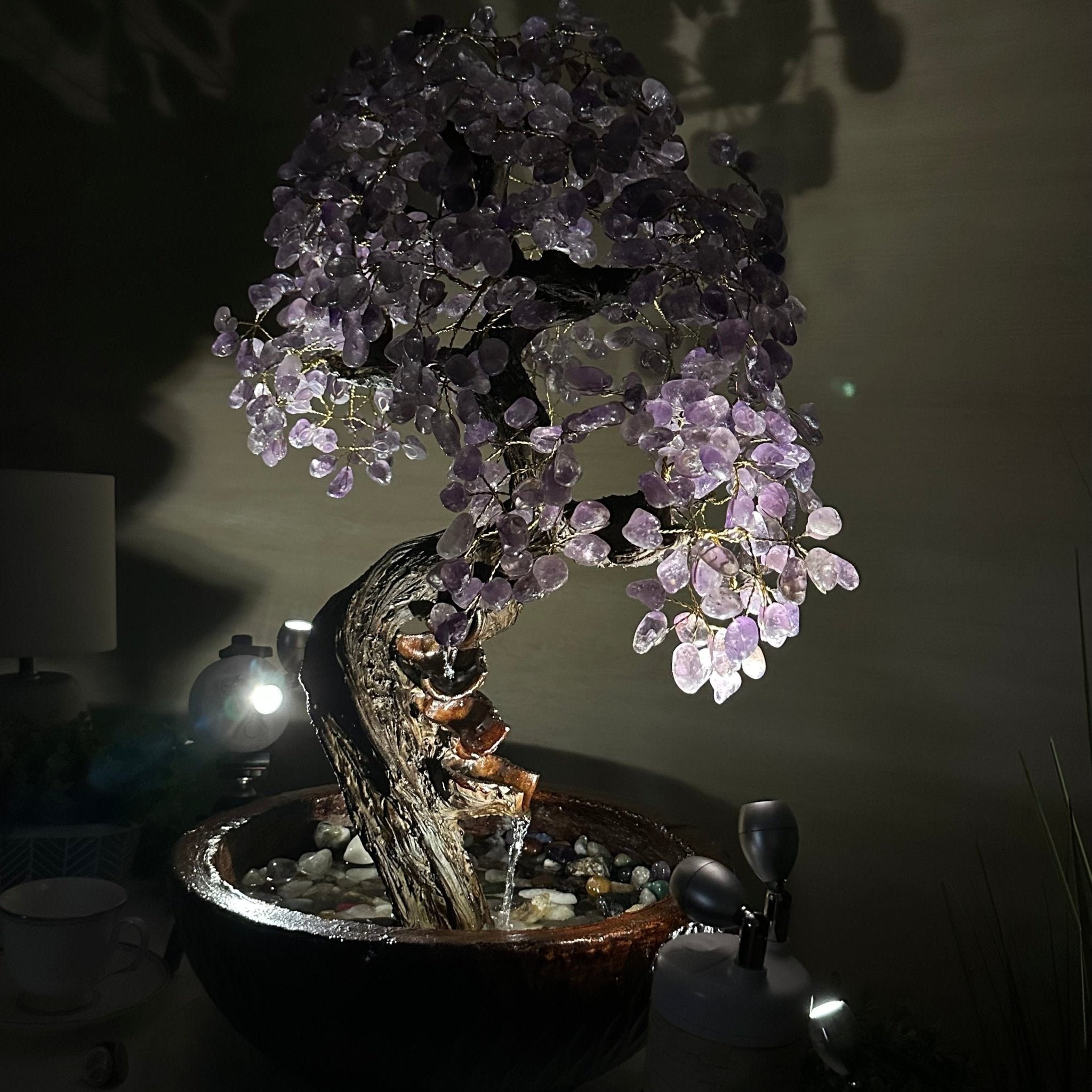 26" Tall Amethyst Gemstone Fountain Tree with Ceramic Bowl, 630 Gem Leaves #5453AMFB - 001 - Brazil GemsBrazil Gems26" Tall Amethyst Gemstone Fountain Tree with Ceramic Bowl, 630 Gem Leaves #5453AMFB - 001Gemstone Trees5453AMFB - 001