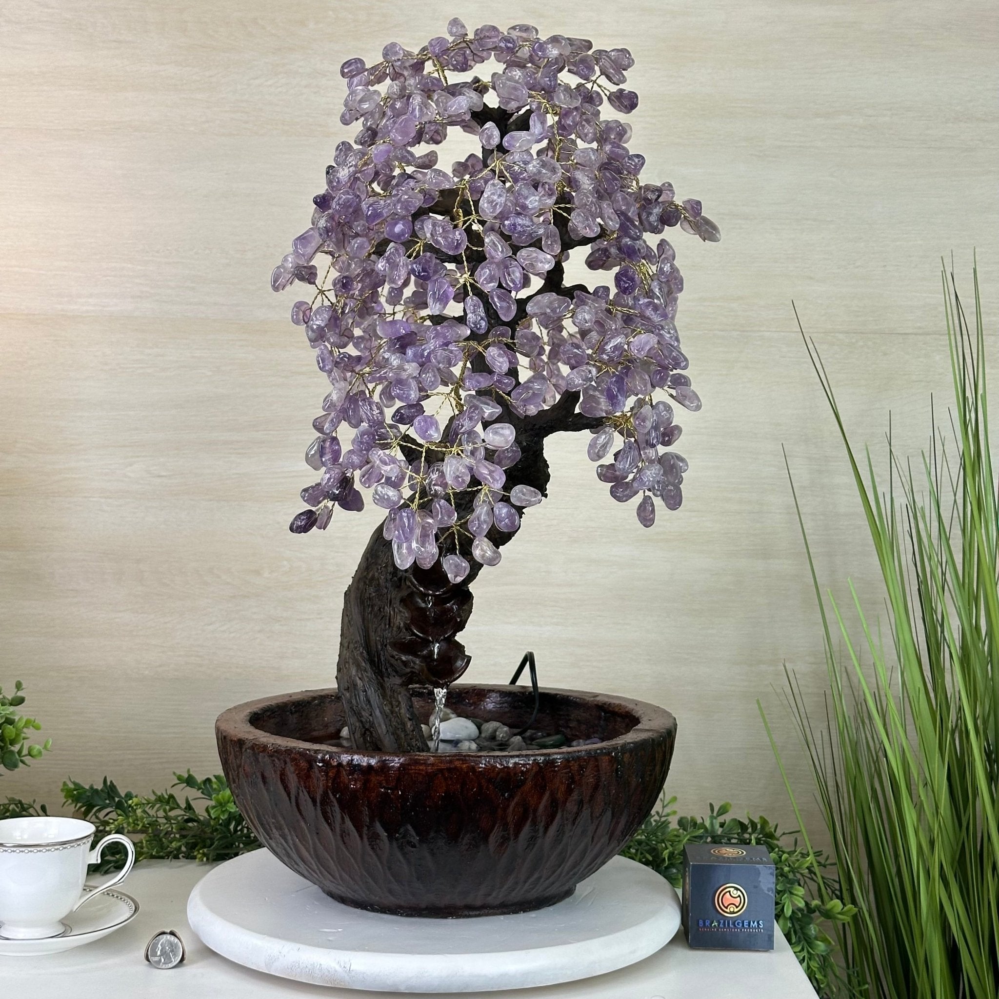 26" Tall Amethyst Gemstone Fountain Tree with Ceramic Bowl, 630 Gem Leaves #5453AMFB - 001 - Brazil GemsBrazil Gems26" Tall Amethyst Gemstone Fountain Tree with Ceramic Bowl, 630 Gem Leaves #5453AMFB - 001Gemstone Trees5453AMFB - 001