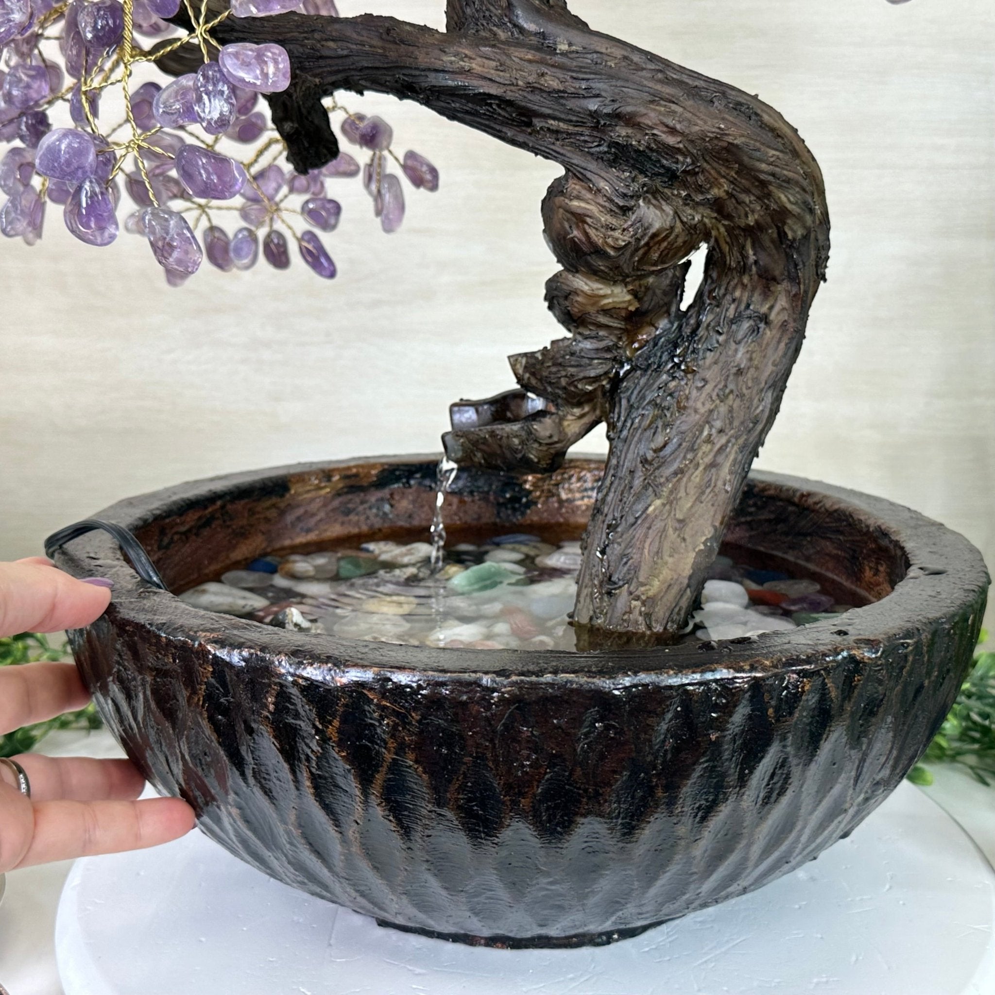 26" Tall Amethyst Gemstone Fountain Tree with Ceramic Bowl, 660 Gem Leaves #5458AMFB - 002 - Brazil GemsBrazil Gems26" Tall Amethyst Gemstone Fountain Tree with Ceramic Bowl, 660 Gem Leaves #5458AMFB - 002Gemstone Trees5458AMFB - 002