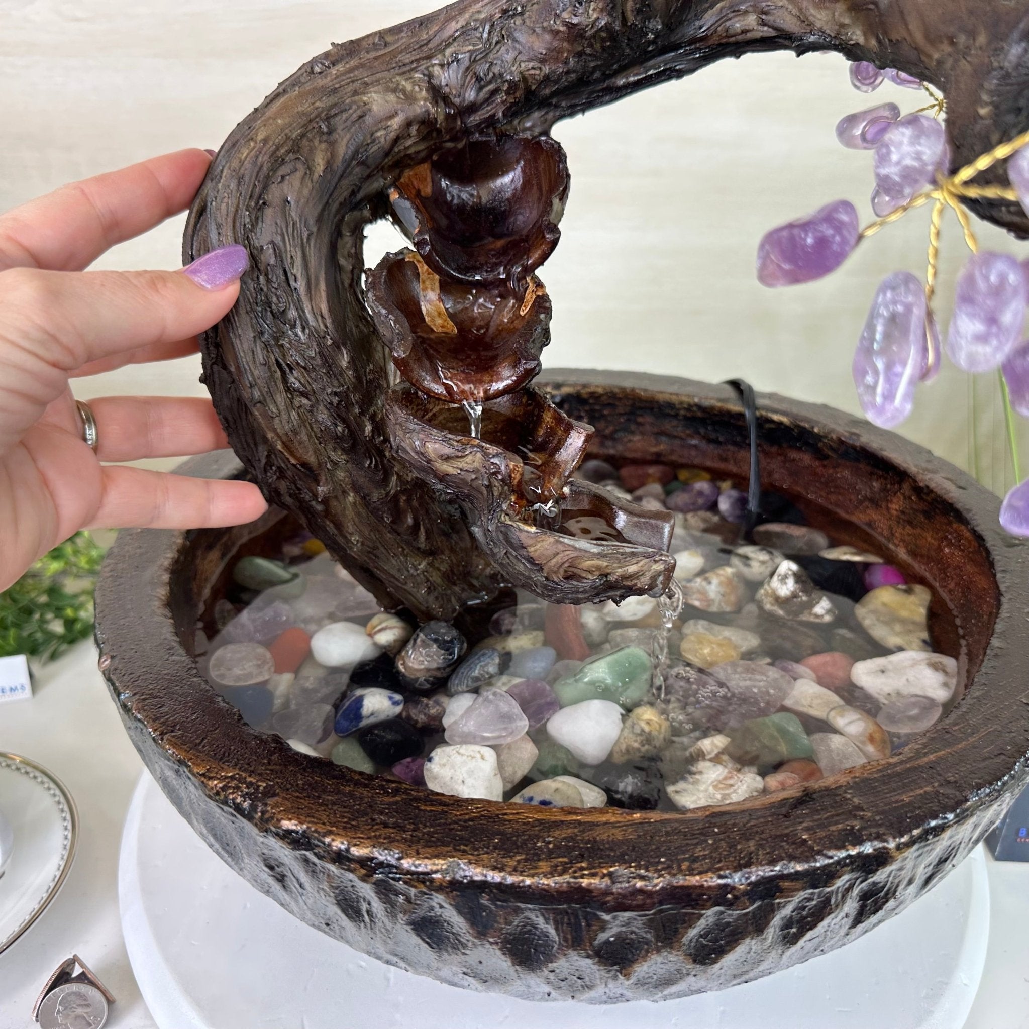 26" Tall Amethyst Gemstone Fountain Tree with Ceramic Bowl, 660 Gem Leaves #5458AMFB - 002 - Brazil GemsBrazil Gems26" Tall Amethyst Gemstone Fountain Tree with Ceramic Bowl, 660 Gem Leaves #5458AMFB - 002Gemstone Trees5458AMFB - 002