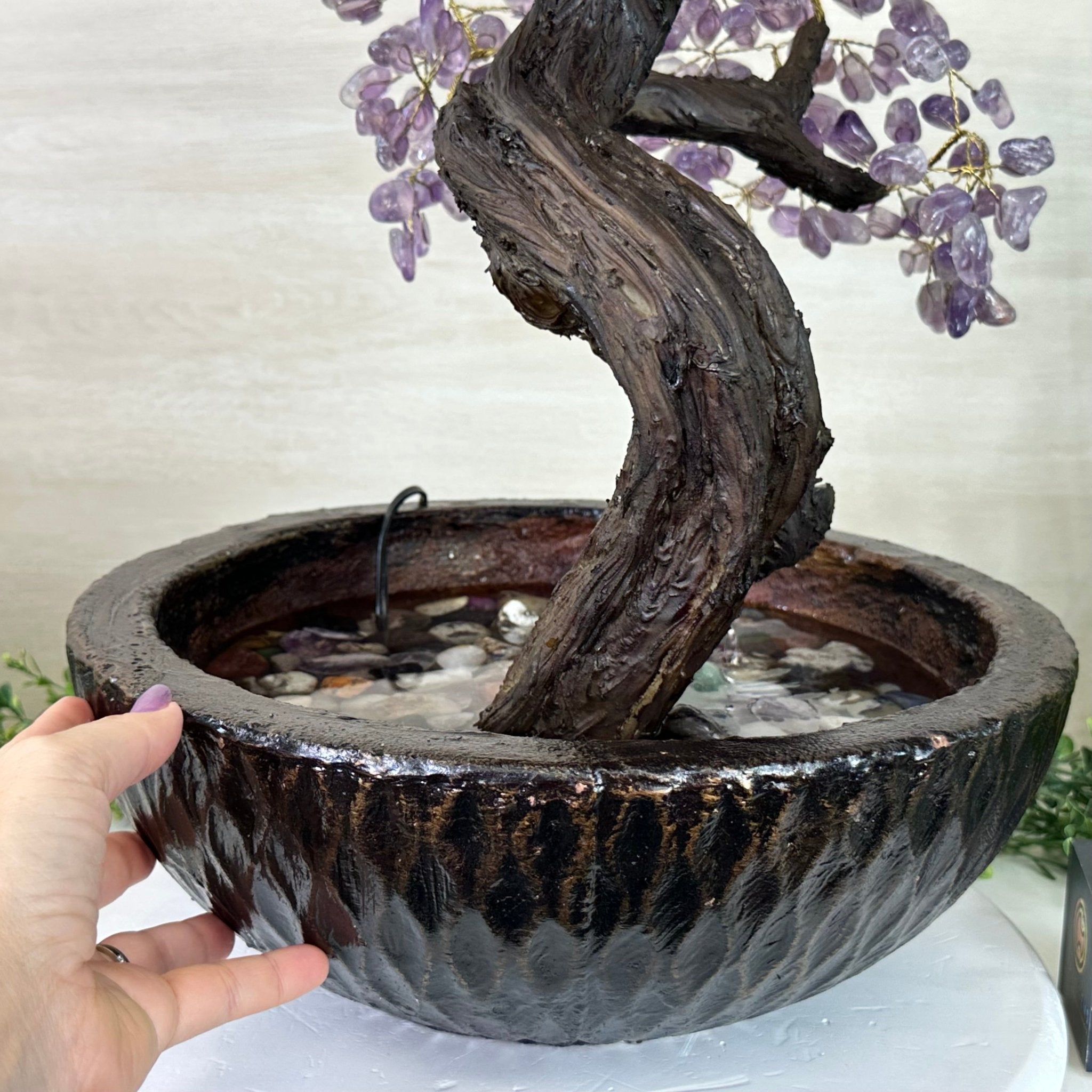 26" Tall Amethyst Gemstone Fountain Tree with Ceramic Bowl, 660 Gem Leaves #5458AMFB - 002 - Brazil GemsBrazil Gems26" Tall Amethyst Gemstone Fountain Tree with Ceramic Bowl, 660 Gem Leaves #5458AMFB - 002Gemstone Trees5458AMFB - 002