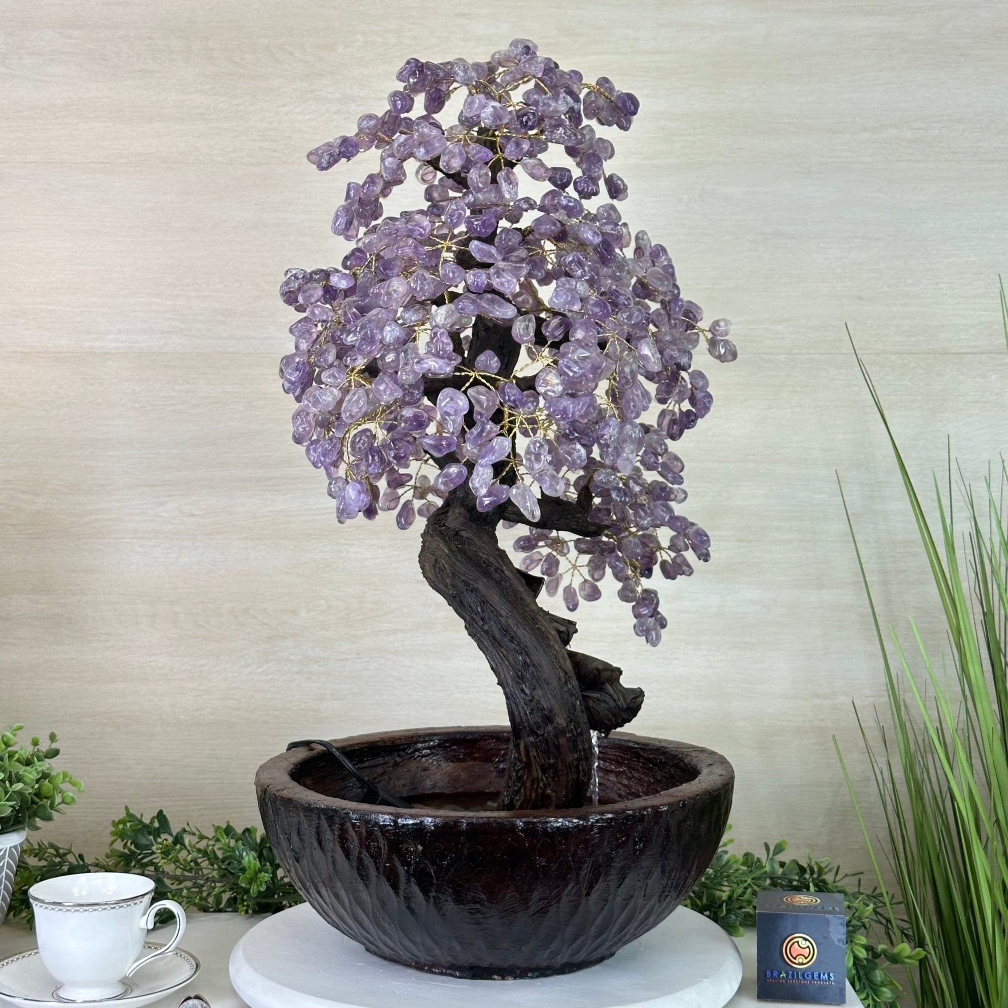 26" Tall Amethyst Gemstone Fountain Tree with Ceramic Bowl, 690 Gem Leaves #5476AMFB - 001 - Brazil GemsBrazil Gems26" Tall Amethyst Gemstone Fountain Tree with Ceramic Bowl, 690 Gem Leaves #5476AMFB - 001Gemstone Trees5476AMFB - 001