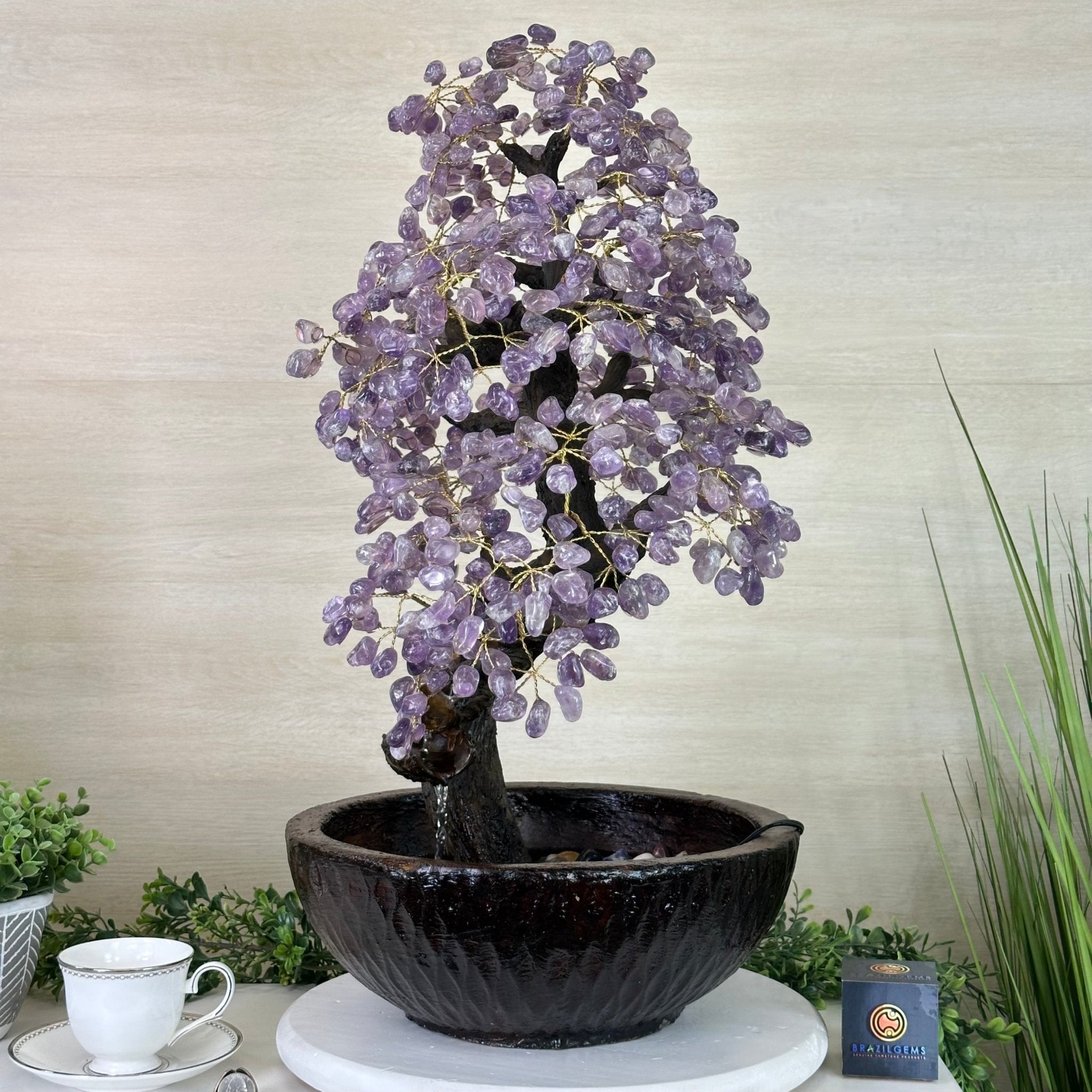 26" Tall Amethyst Gemstone Fountain Tree with Ceramic Bowl, 690 Gem Leaves #5476AMFB - 001 - Brazil GemsBrazil Gems26" Tall Amethyst Gemstone Fountain Tree with Ceramic Bowl, 690 Gem Leaves #5476AMFB - 001Gemstone Trees5476AMFB - 001