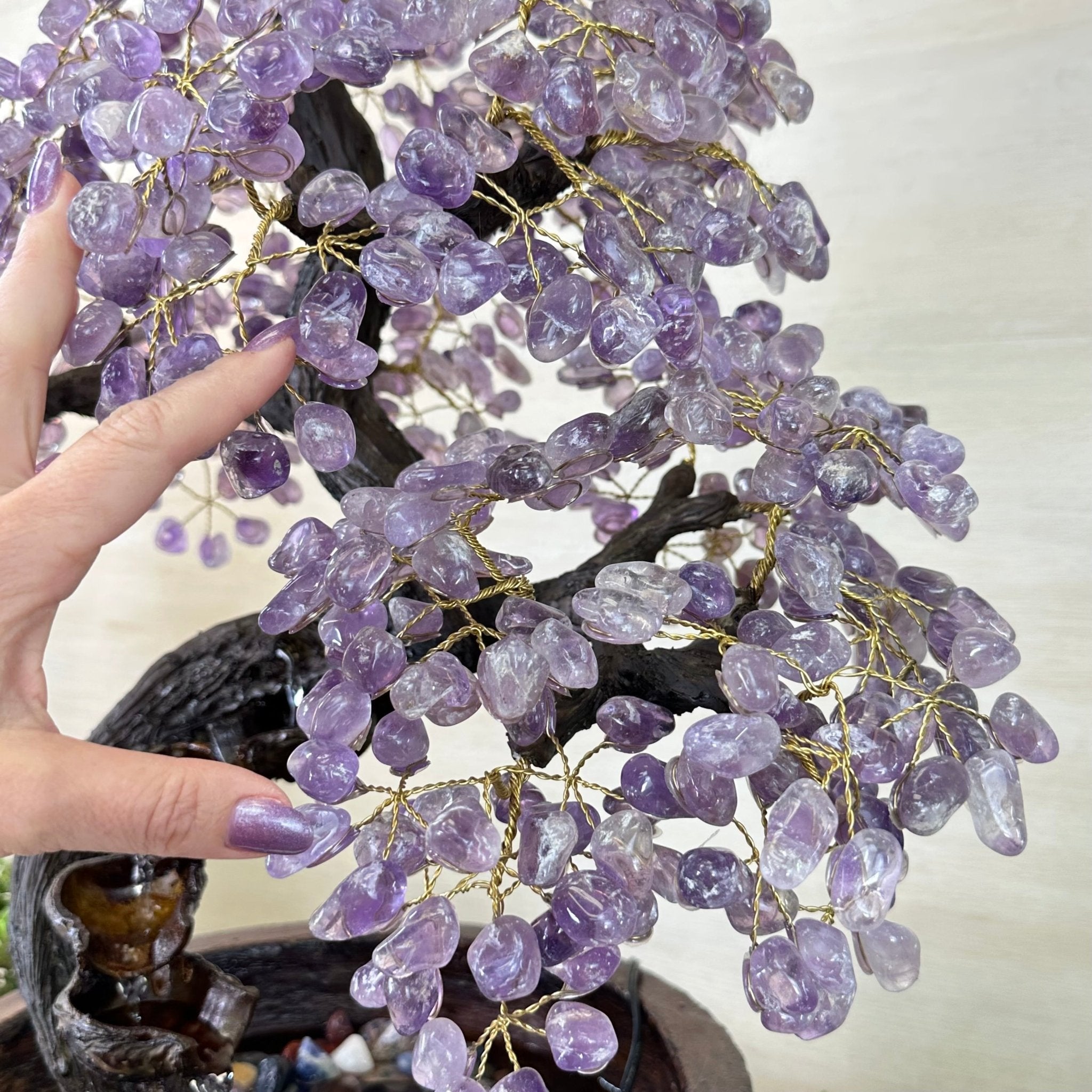 26" Tall Amethyst Gemstone Fountain Tree with Ceramic Bowl, 690 Gem Leaves #5476AMFB - 001 - Brazil GemsBrazil Gems26" Tall Amethyst Gemstone Fountain Tree with Ceramic Bowl, 690 Gem Leaves #5476AMFB - 001Gemstone Trees5476AMFB - 001