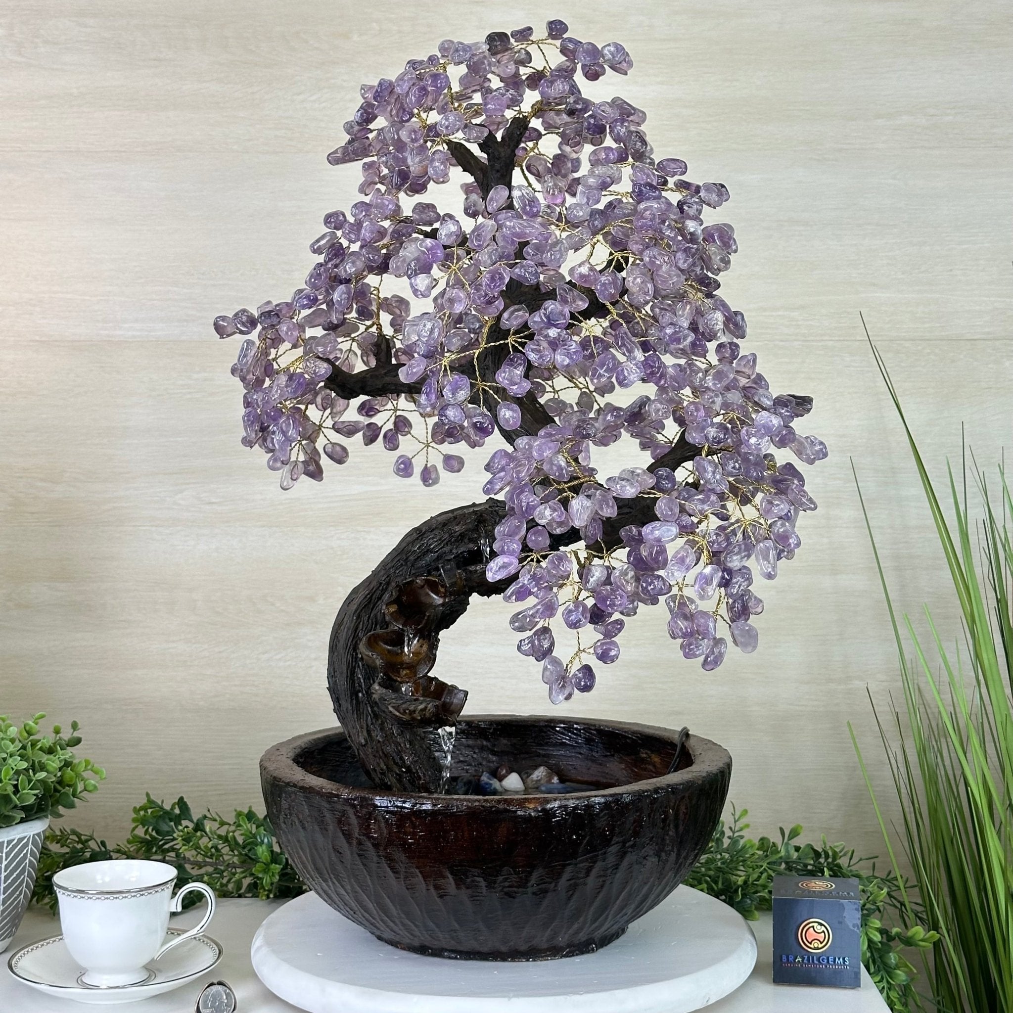 26" Tall Amethyst Gemstone Fountain Tree with Ceramic Bowl, 690 Gem Leaves #5476AMFB - 001 - Brazil GemsBrazil Gems26" Tall Amethyst Gemstone Fountain Tree with Ceramic Bowl, 690 Gem Leaves #5476AMFB - 001Gemstone Trees5476AMFB - 001