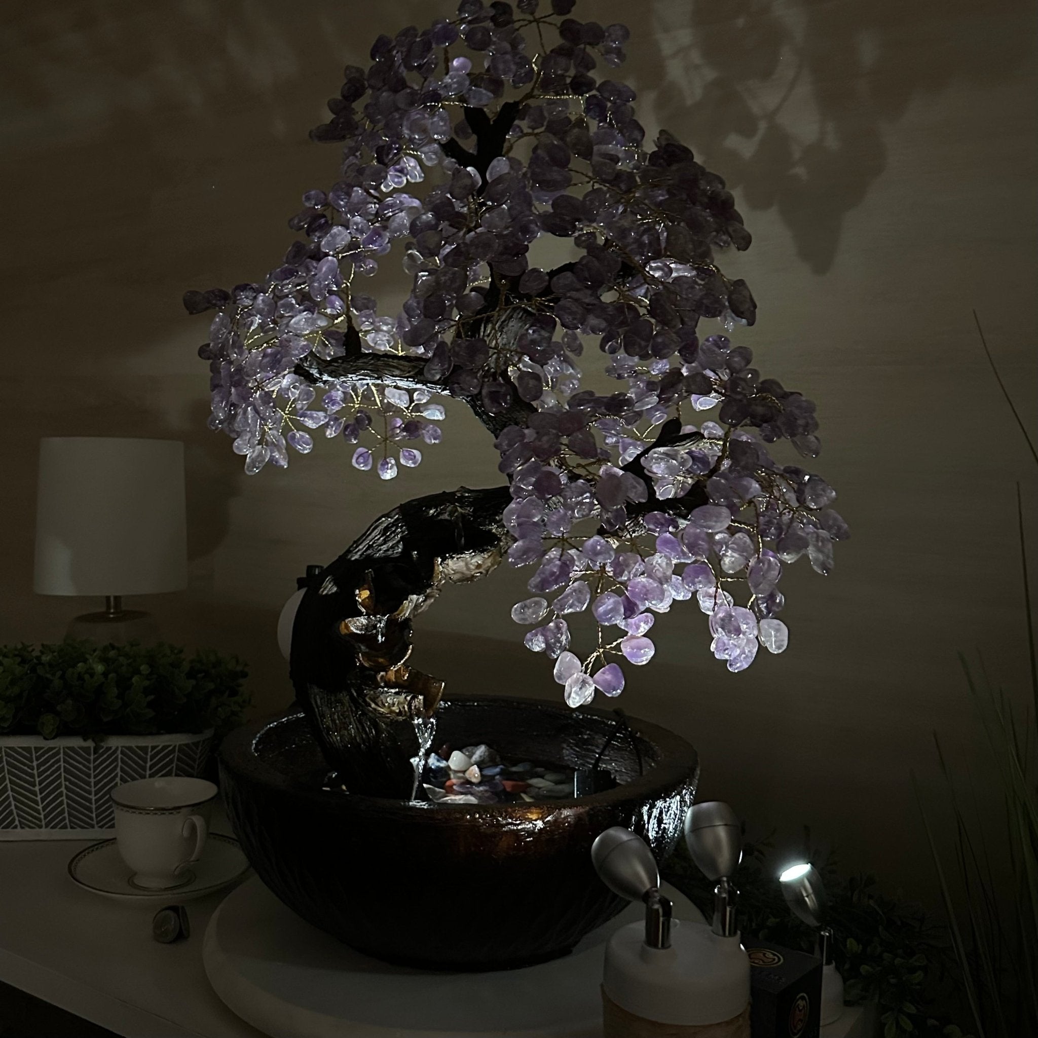 26" Tall Amethyst Gemstone Fountain Tree with Ceramic Bowl, 690 Gem Leaves #5476AMFB - 001 - Brazil GemsBrazil Gems26" Tall Amethyst Gemstone Fountain Tree with Ceramic Bowl, 690 Gem Leaves #5476AMFB - 001Gemstone Trees5476AMFB - 001