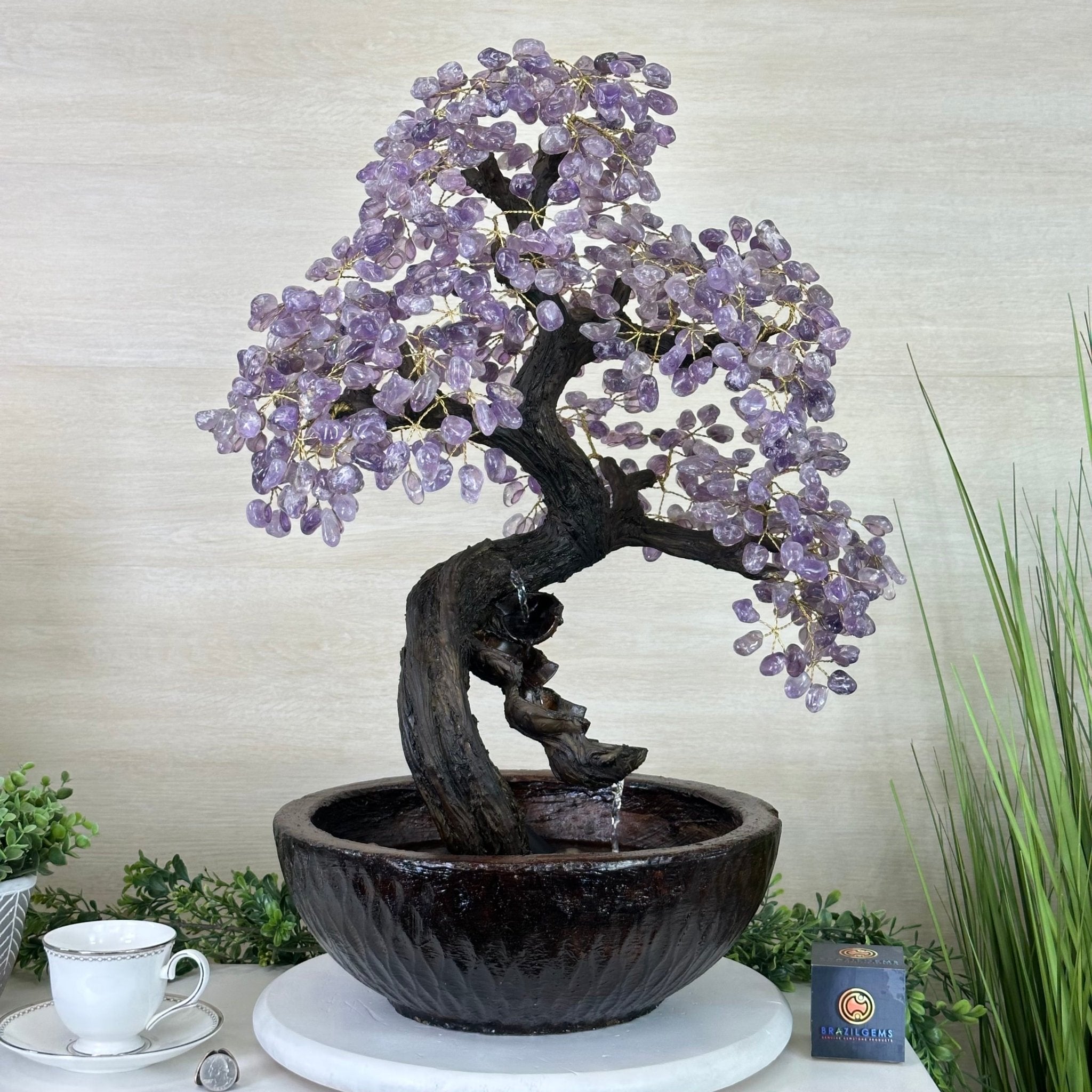 26" Tall Amethyst Gemstone Fountain Tree with Ceramic Bowl, 690 Gem Leaves #5476AMFB - 001 - Brazil GemsBrazil Gems26" Tall Amethyst Gemstone Fountain Tree with Ceramic Bowl, 690 Gem Leaves #5476AMFB - 001Gemstone Trees5476AMFB - 001