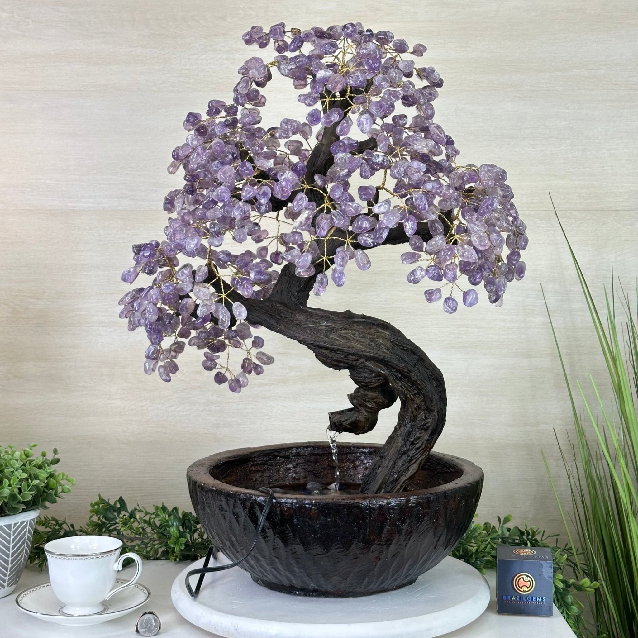 26" Tall Amethyst Gemstone Fountain Tree with Ceramic Bowl, 690 Gem Leaves #5476AMFB - 001 - Brazil GemsBrazil Gems26" Tall Amethyst Gemstone Fountain Tree with Ceramic Bowl, 690 Gem Leaves #5476AMFB - 001Gemstone Trees5476AMFB - 001