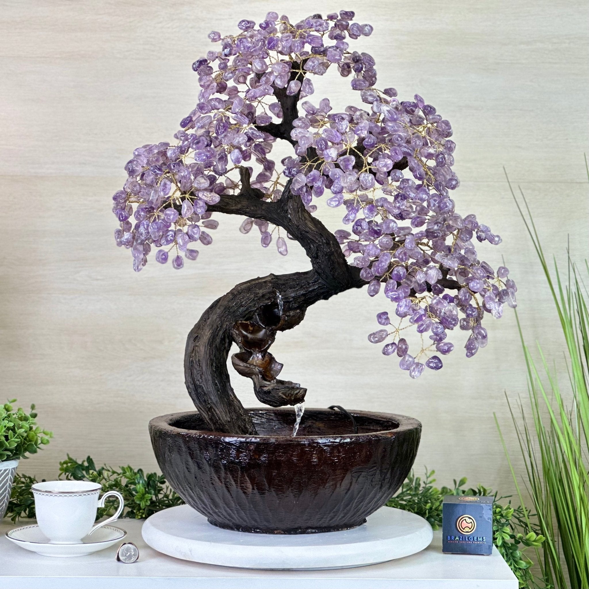 26" Tall Amethyst Gemstone Fountain Tree with Ceramic Bowl, 690 Gem Leaves #5476AMFB - 001 - Brazil GemsBrazil Gems26" Tall Amethyst Gemstone Fountain Tree with Ceramic Bowl, 690 Gem Leaves #5476AMFB - 001Gemstone Trees5476AMFB - 001