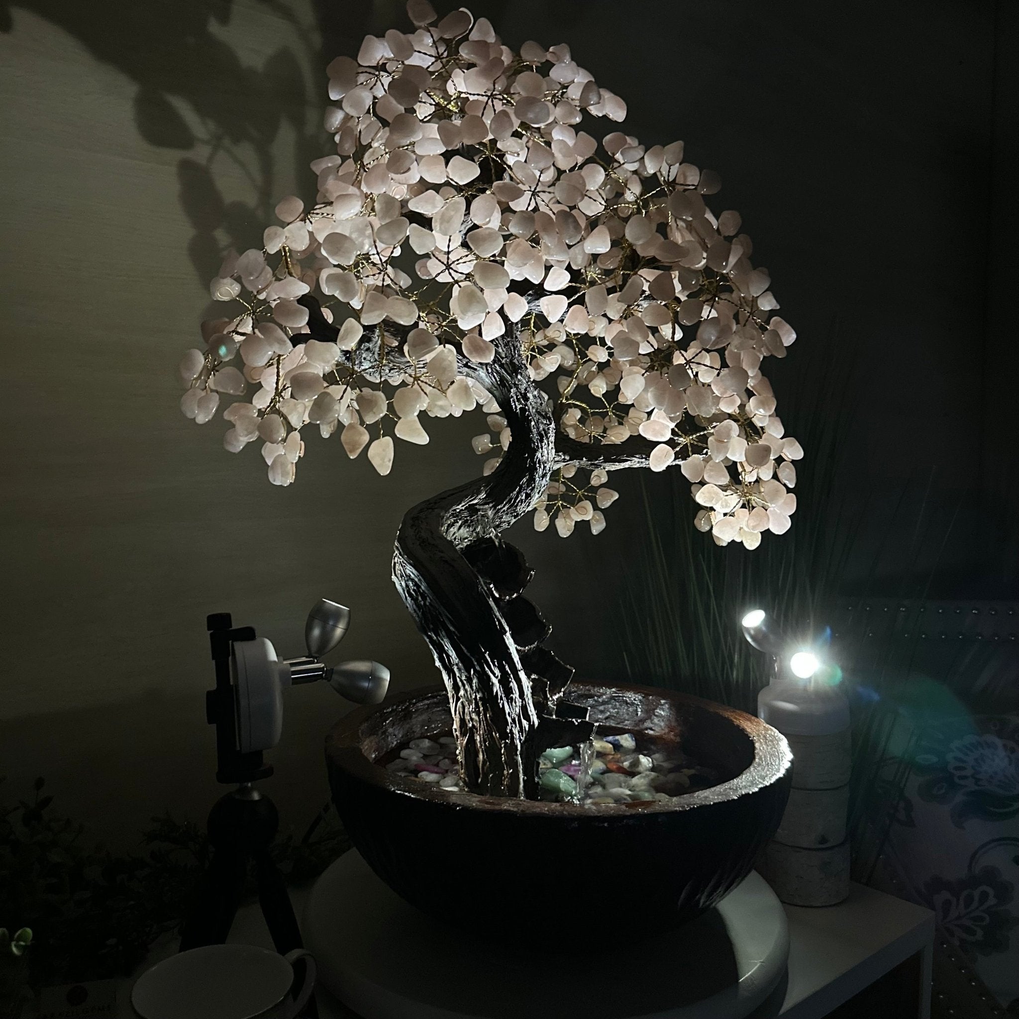 26" Tall Rose Quartz Gemstone Fountain Tree with Ceramic Bowl, 660 Gem Leaves #5458RQFB - 001 - Brazil GemsBrazil Gems26" Tall Rose Quartz Gemstone Fountain Tree with Ceramic Bowl, 660 Gem Leaves #5458RQFB - 001Gemstone Trees5458RQFB - 001