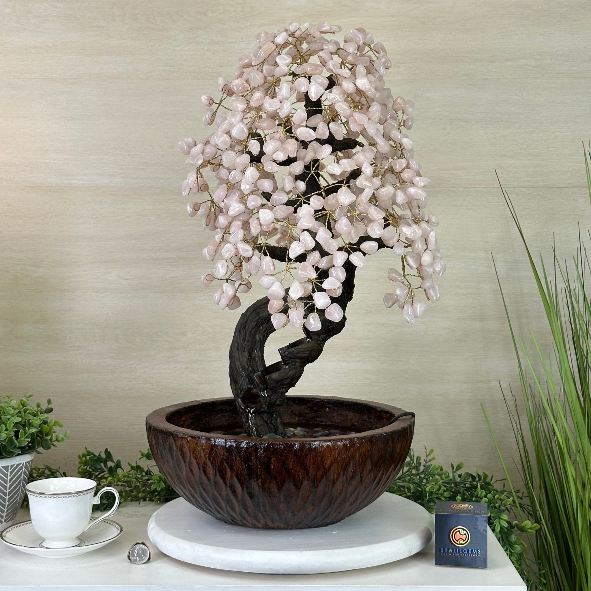 26" Tall Rose Quartz Gemstone Fountain Tree with Ceramic Bowl, 660 Gem Leaves #5458RQFB - 001 - Brazil GemsBrazil Gems26" Tall Rose Quartz Gemstone Fountain Tree with Ceramic Bowl, 660 Gem Leaves #5458RQFB - 001Gemstone Trees5458RQFB - 001