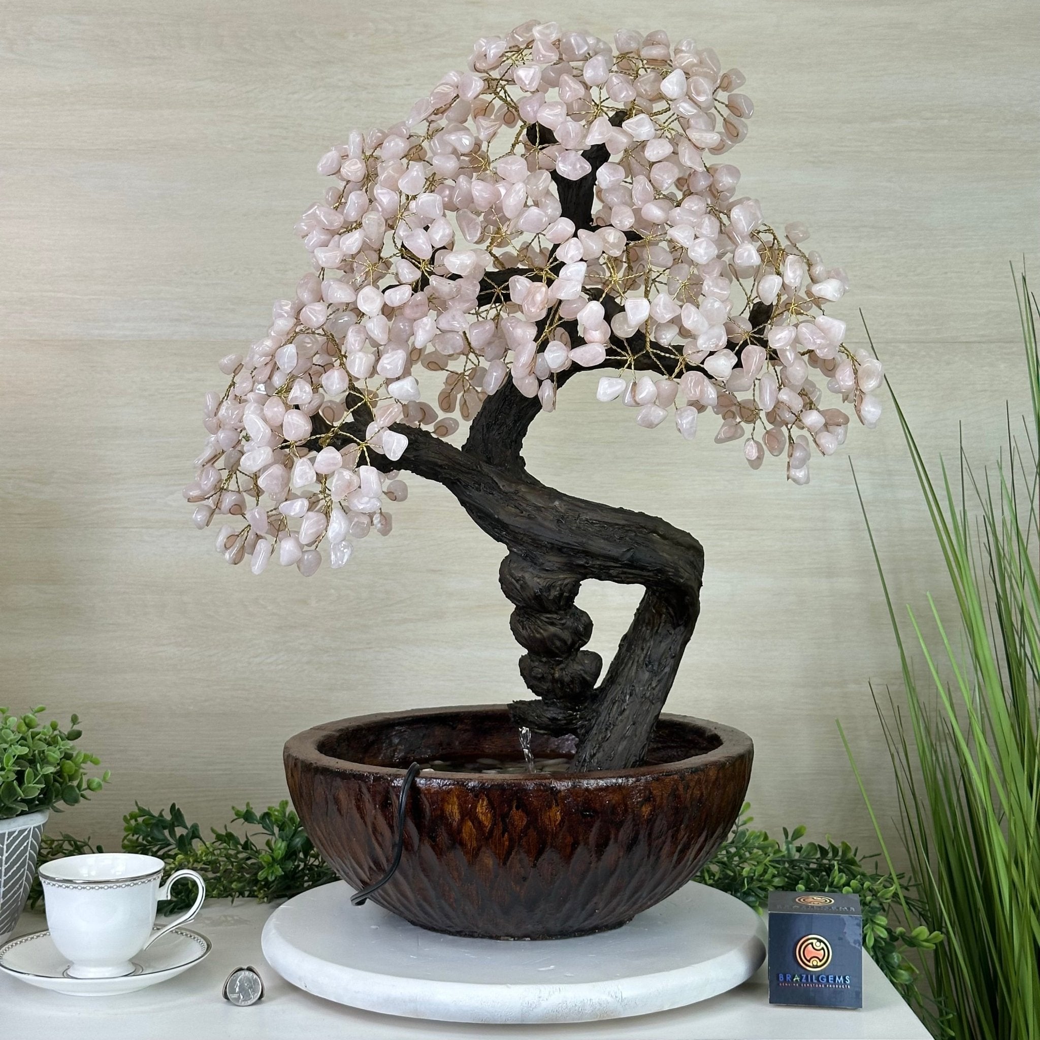 26" Tall Rose Quartz Gemstone Fountain Tree with Ceramic Bowl, 660 Gem Leaves #5458RQFB - 001 - Brazil GemsBrazil Gems26" Tall Rose Quartz Gemstone Fountain Tree with Ceramic Bowl, 660 Gem Leaves #5458RQFB - 001Gemstone Trees5458RQFB - 001