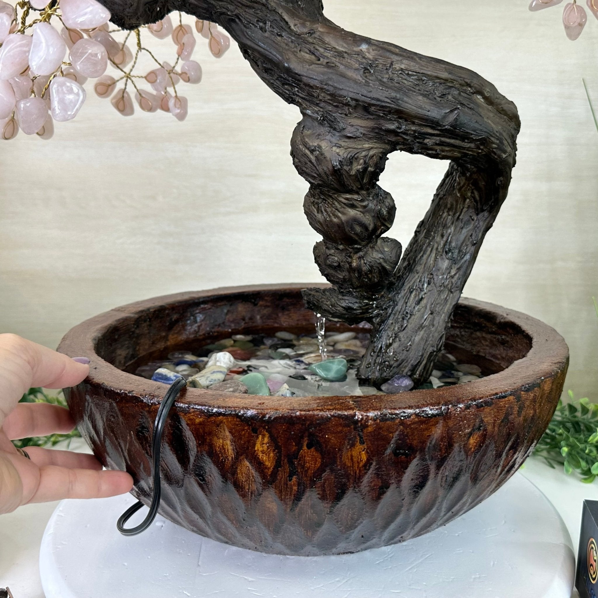 26" Tall Rose Quartz Gemstone Fountain Tree with Ceramic Bowl, 660 Gem Leaves #5458RQFB - 001 - Brazil GemsBrazil Gems26" Tall Rose Quartz Gemstone Fountain Tree with Ceramic Bowl, 660 Gem Leaves #5458RQFB - 001Gemstone Trees5458RQFB - 001