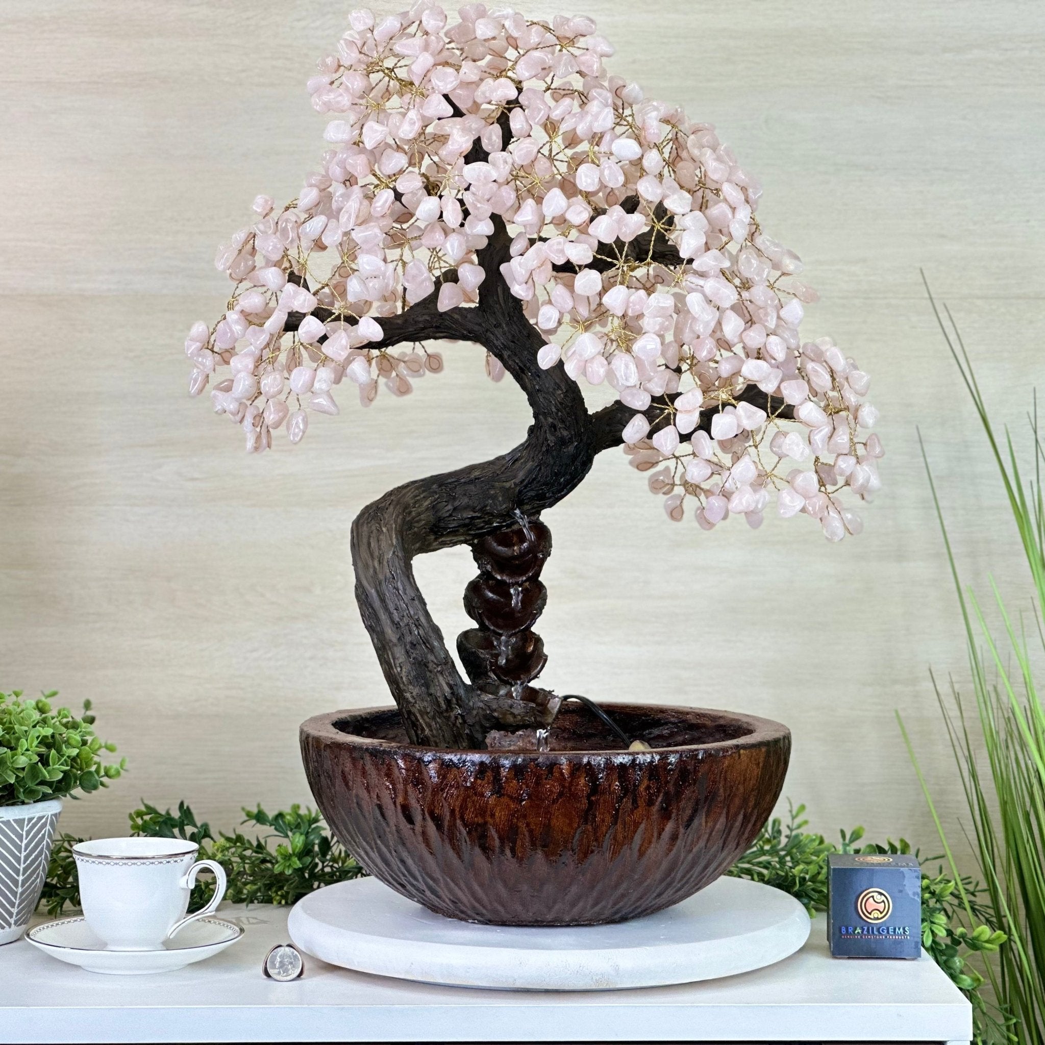 26" Tall Rose Quartz Gemstone Fountain Tree with Ceramic Bowl, 660 Gem Leaves #5458RQFB - 001 - Brazil GemsBrazil Gems26" Tall Rose Quartz Gemstone Fountain Tree with Ceramic Bowl, 660 Gem Leaves #5458RQFB - 001Gemstone Trees5458RQFB - 001