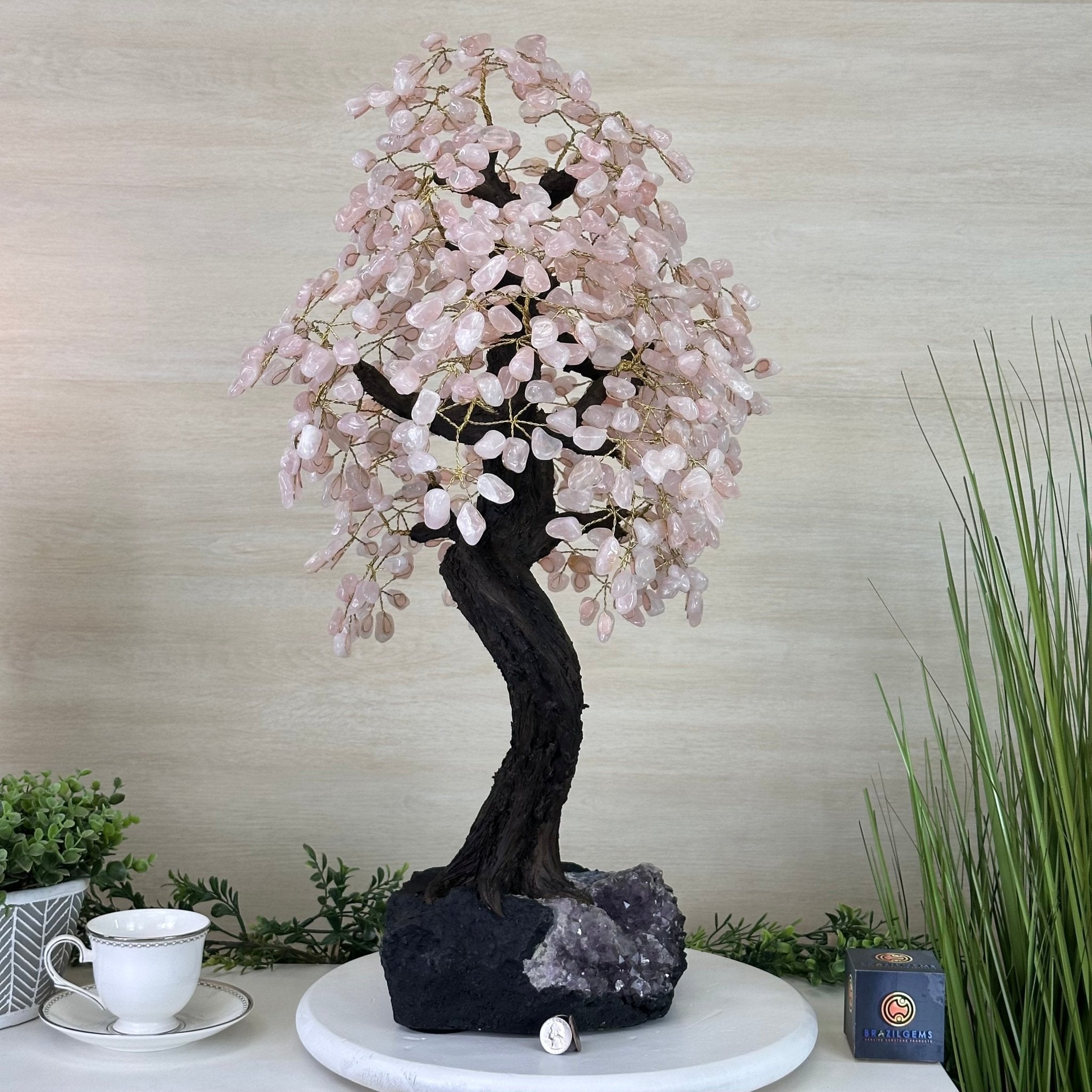 26.7" Tall Large Rose Quartz Gemstone Tree on an Amethyst Base, 720 gems #5407RQ - 015 - Brazil GemsBrazil Gems26.7" Tall Large Rose Quartz Gemstone Tree on an Amethyst Base, 720 gems #5407RQ - 015Gemstone Trees5407RQ - 015