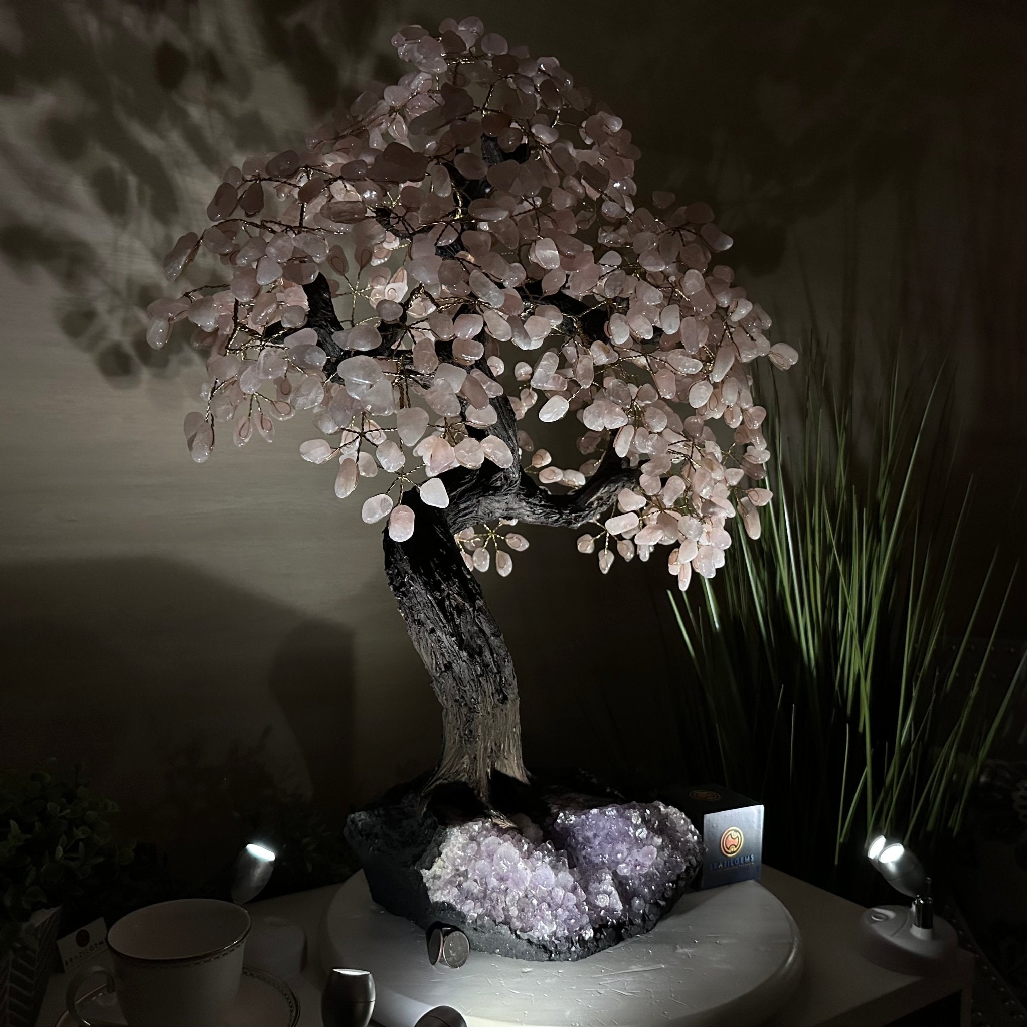 26.7" Tall Large Rose Quartz Gemstone Tree on an Amethyst Base, 720 gems #5407RQ - 015 - Brazil GemsBrazil Gems26.7" Tall Large Rose Quartz Gemstone Tree on an Amethyst Base, 720 gems #5407RQ - 015Gemstone Trees5407RQ - 015