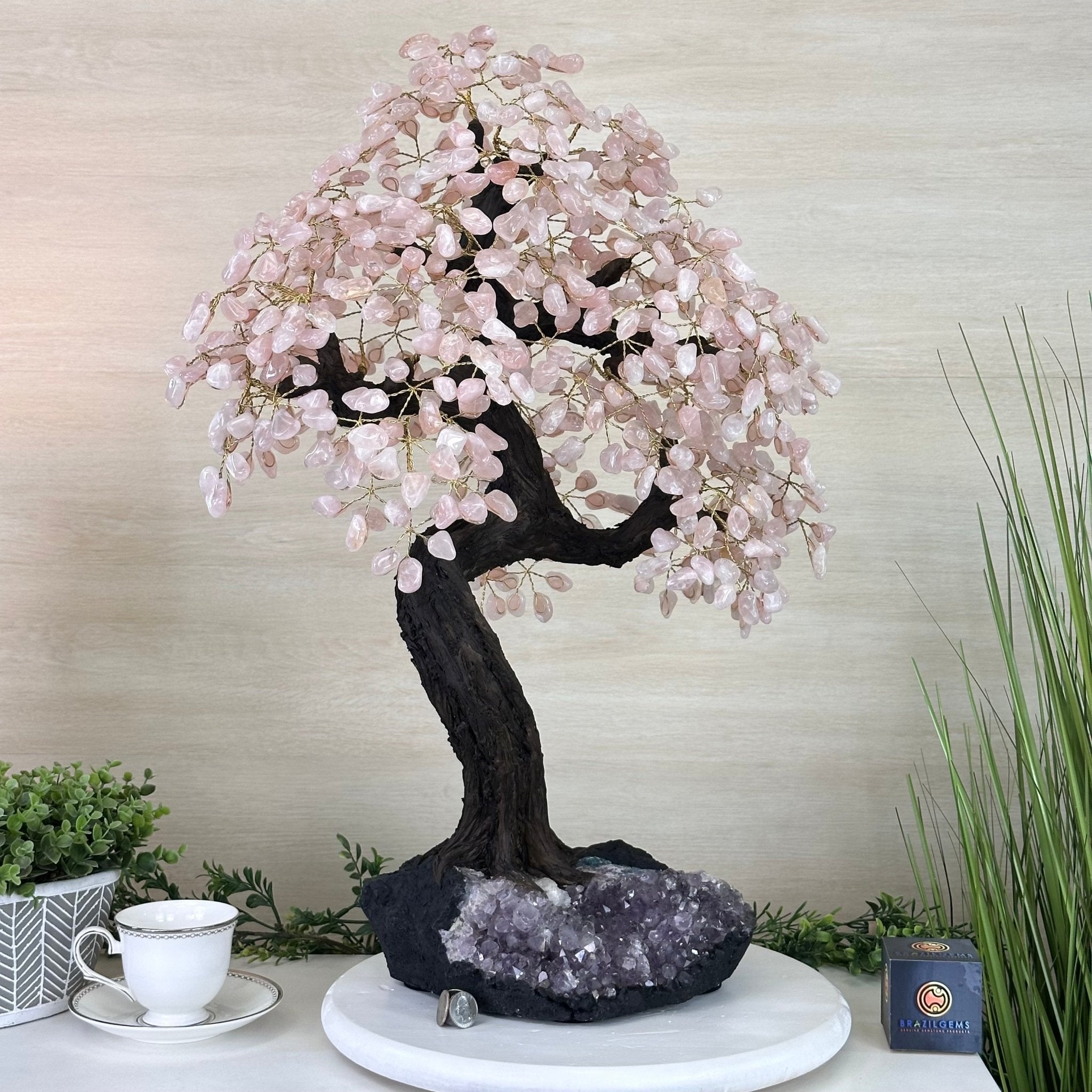 26.7" Tall Large Rose Quartz Gemstone Tree on an Amethyst Base, 720 gems #5407RQ - 015 - Brazil GemsBrazil Gems26.7" Tall Large Rose Quartz Gemstone Tree on an Amethyst Base, 720 gems #5407RQ - 015Gemstone Trees5407RQ - 015