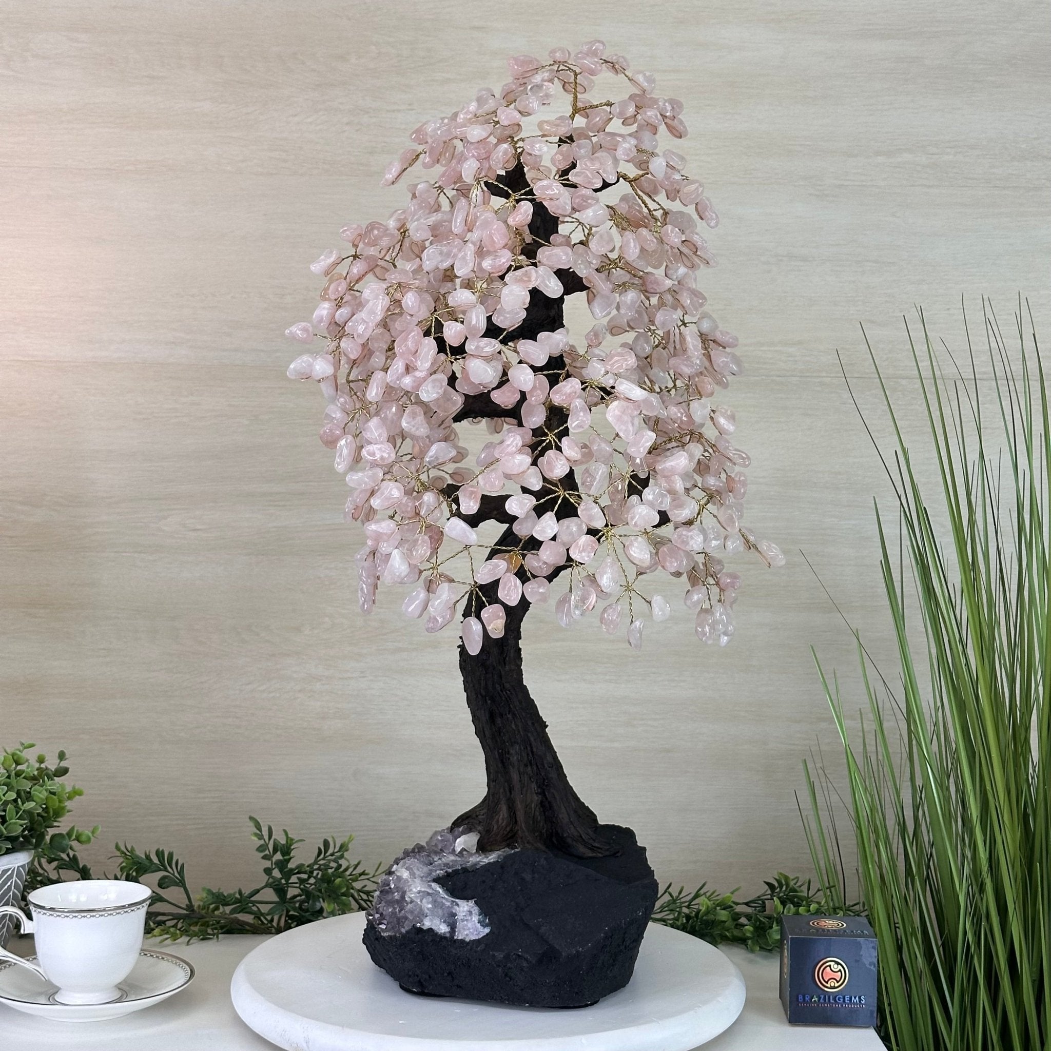 26.7" Tall Large Rose Quartz Gemstone Tree on an Amethyst Base, 720 gems #5407RQ - 015 - Brazil GemsBrazil Gems26.7" Tall Large Rose Quartz Gemstone Tree on an Amethyst Base, 720 gems #5407RQ - 015Gemstone Trees5407RQ - 015