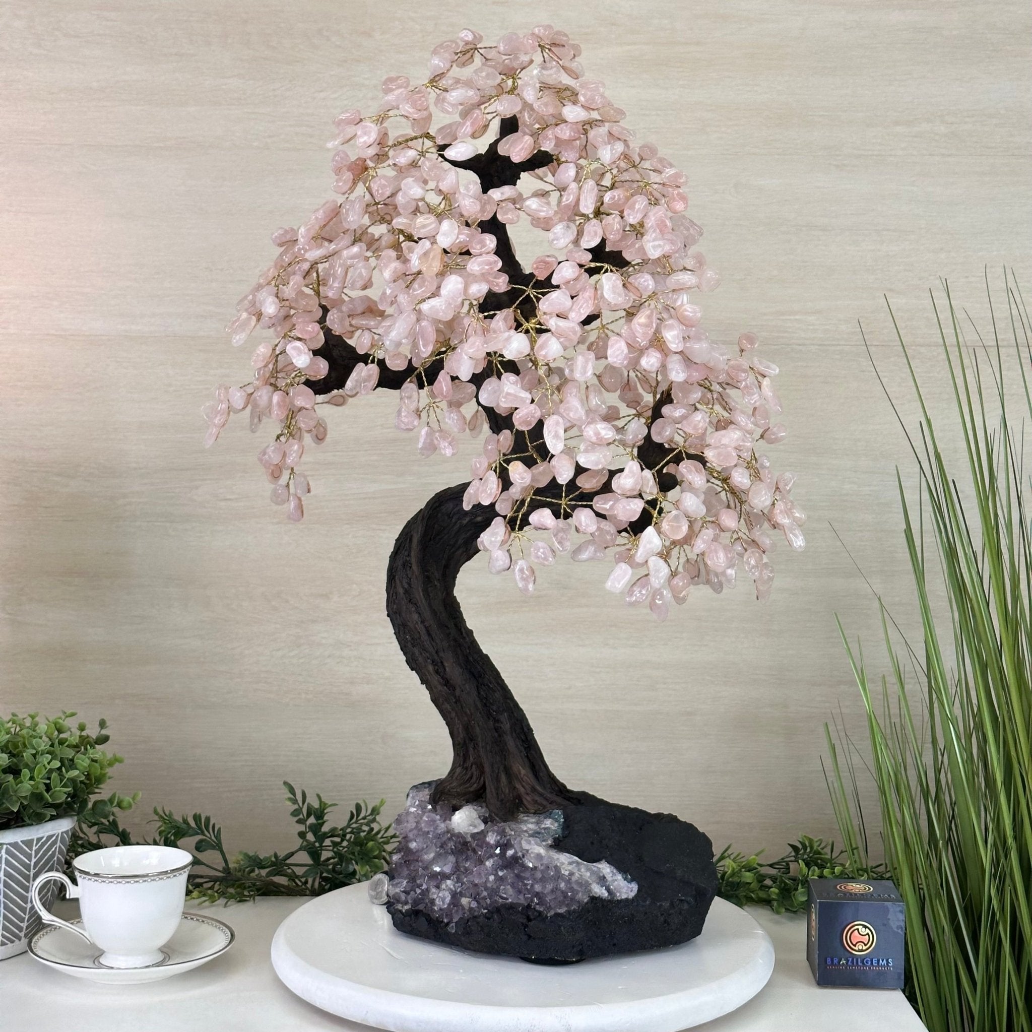 26.7" Tall Large Rose Quartz Gemstone Tree on an Amethyst Base, 720 gems #5407RQ - 015 - Brazil GemsBrazil Gems26.7" Tall Large Rose Quartz Gemstone Tree on an Amethyst Base, 720 gems #5407RQ - 015Gemstone Trees5407RQ - 015