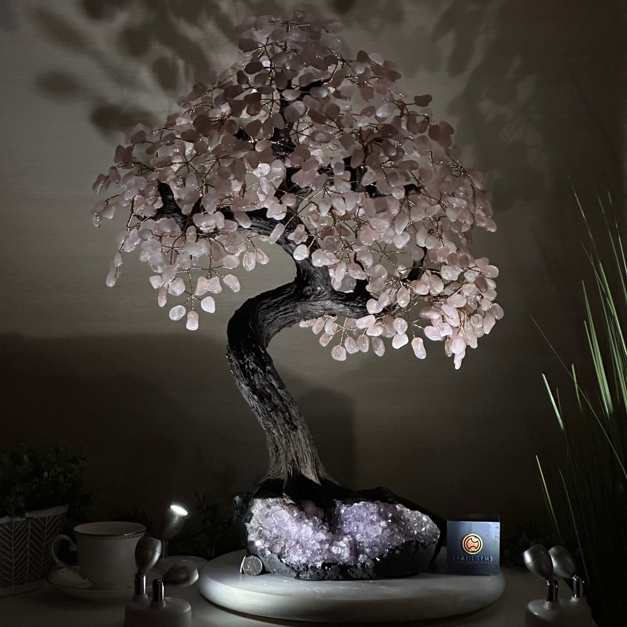 26.7" Tall Large Rose Quartz Gemstone Tree on an Amethyst Base, 720 gems #5407RQ - 015 - Brazil GemsBrazil Gems26.7" Tall Large Rose Quartz Gemstone Tree on an Amethyst Base, 720 gems #5407RQ - 015Gemstone Trees5407RQ - 015